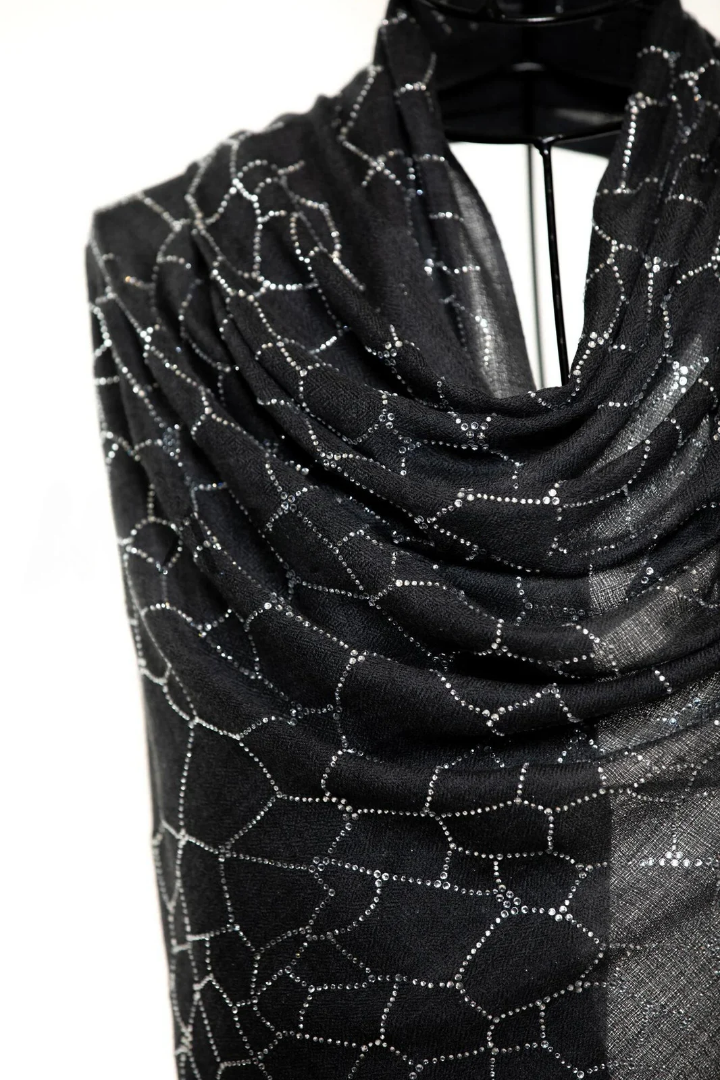 Bee Hive Crystal Silk & Cashmere Shawls with Swarovski - Black