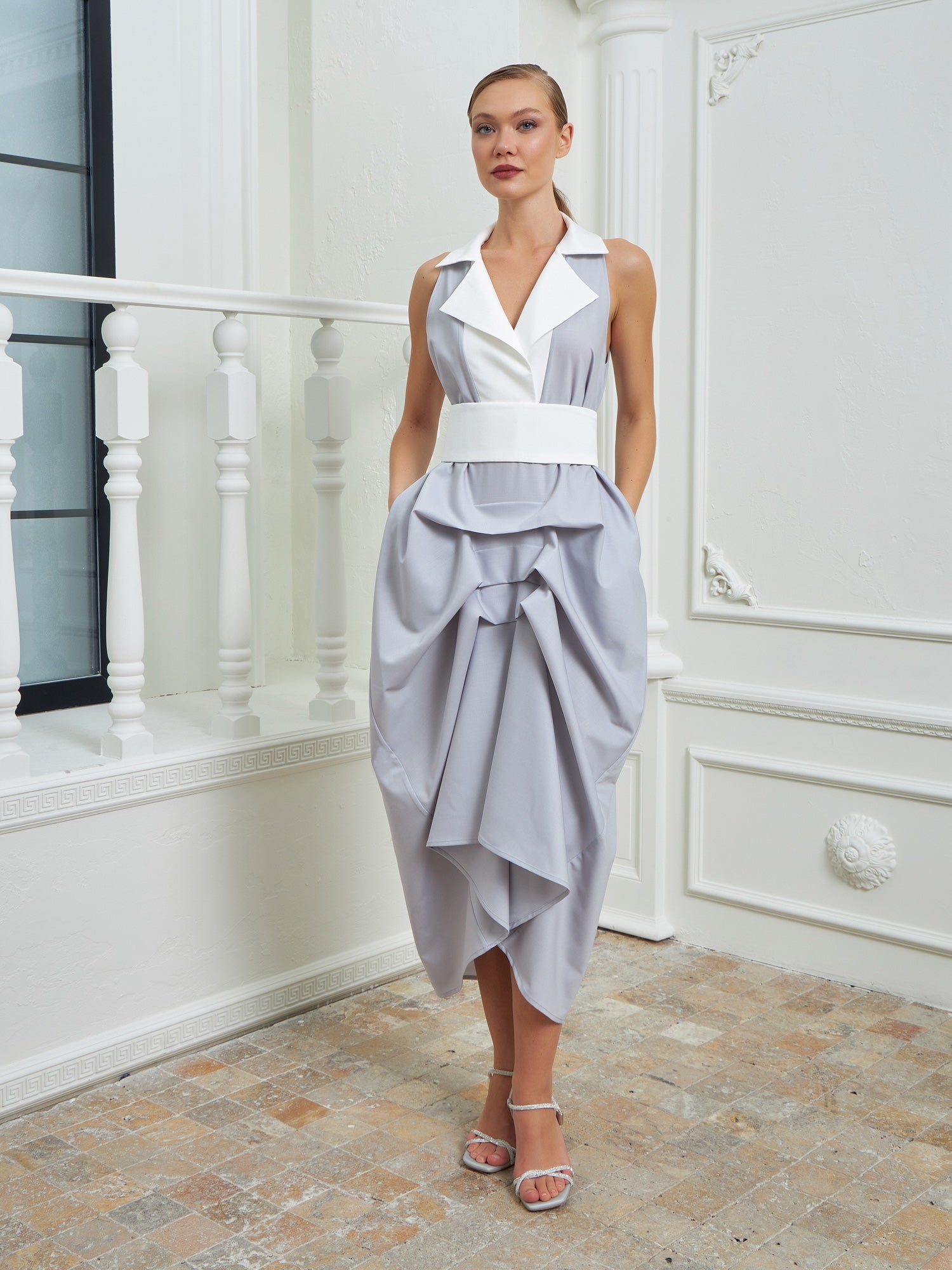 The Tuxedo Dress - Light Gray & White