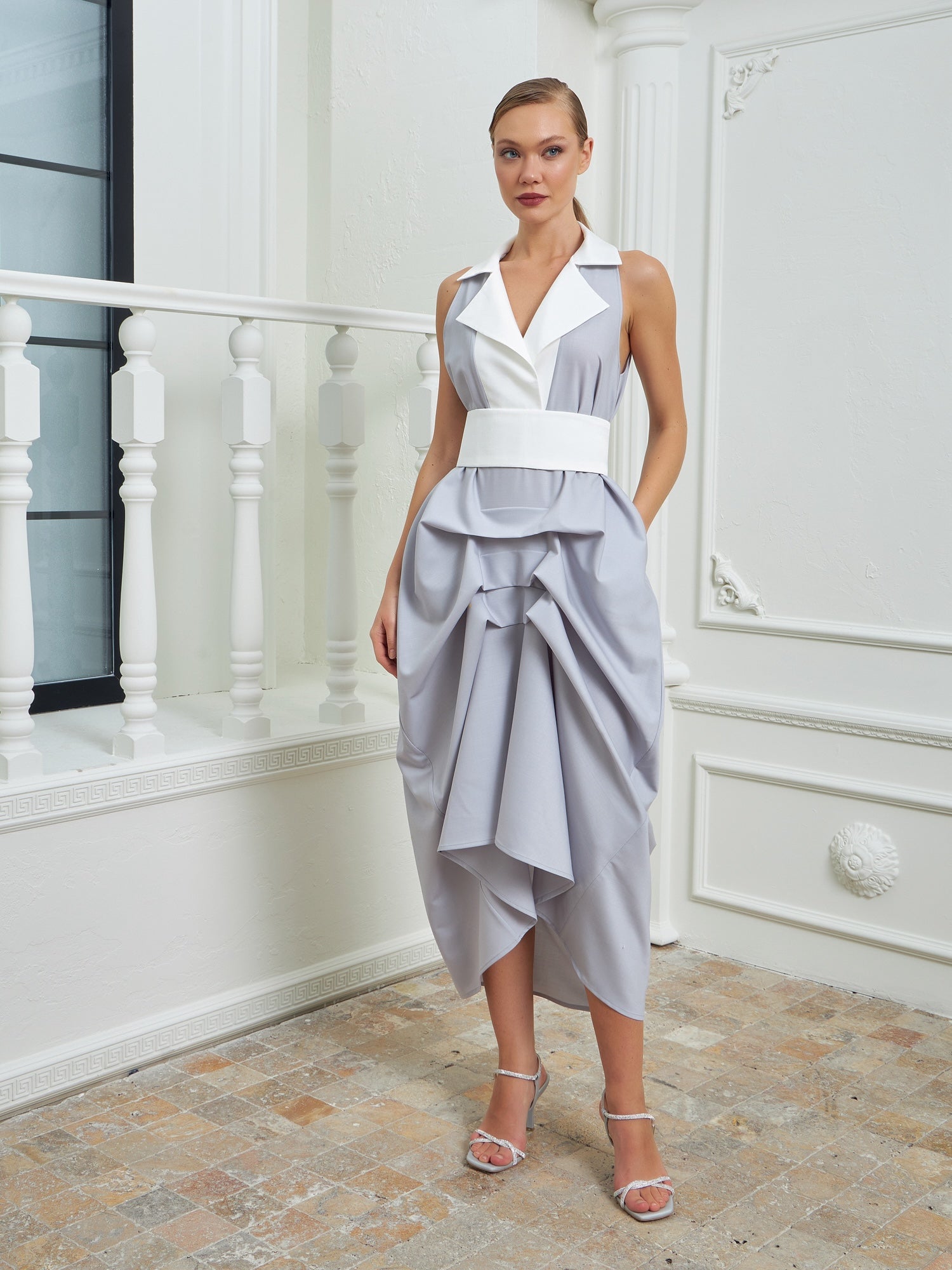 The Tuxedo Dress - Light Gray & White