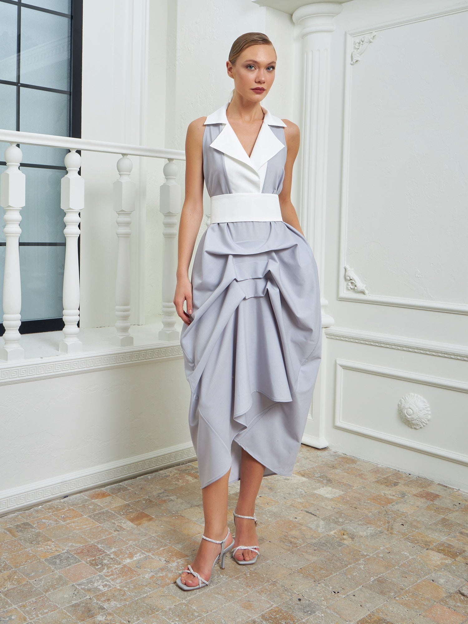 The Tuxedo Dress - Light Gray & White