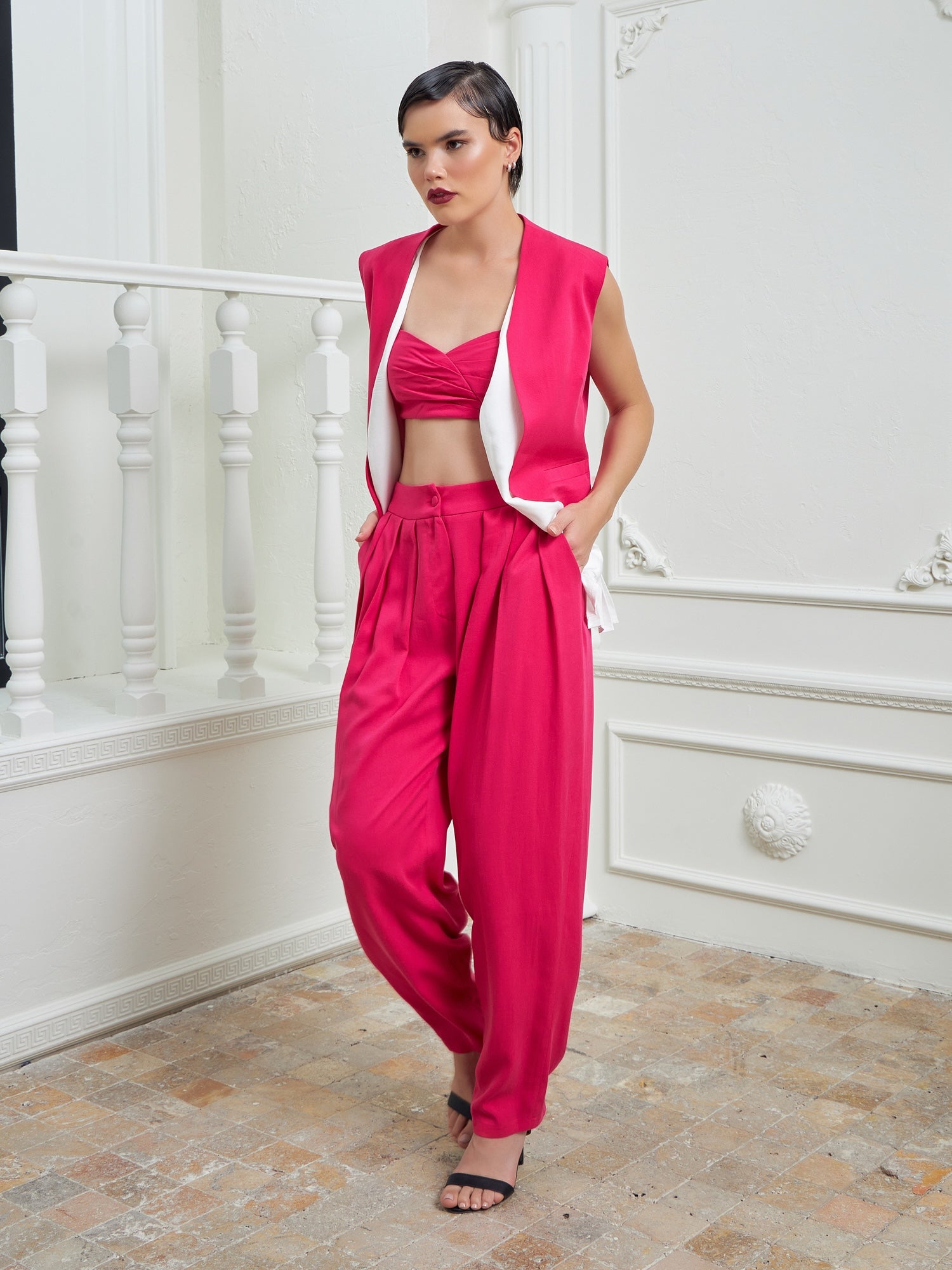 Flow Three Piece Suit Ensemble - Fuchsia & White