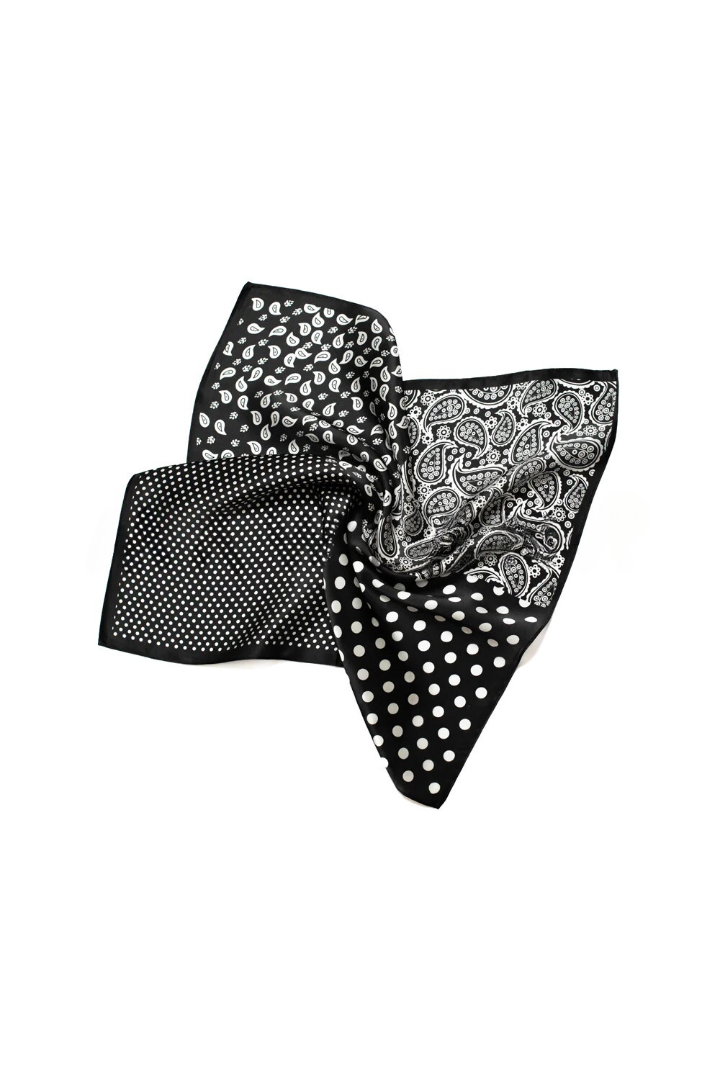 Square Silk Bandana 50cmx50cm - Black Polka Paisley