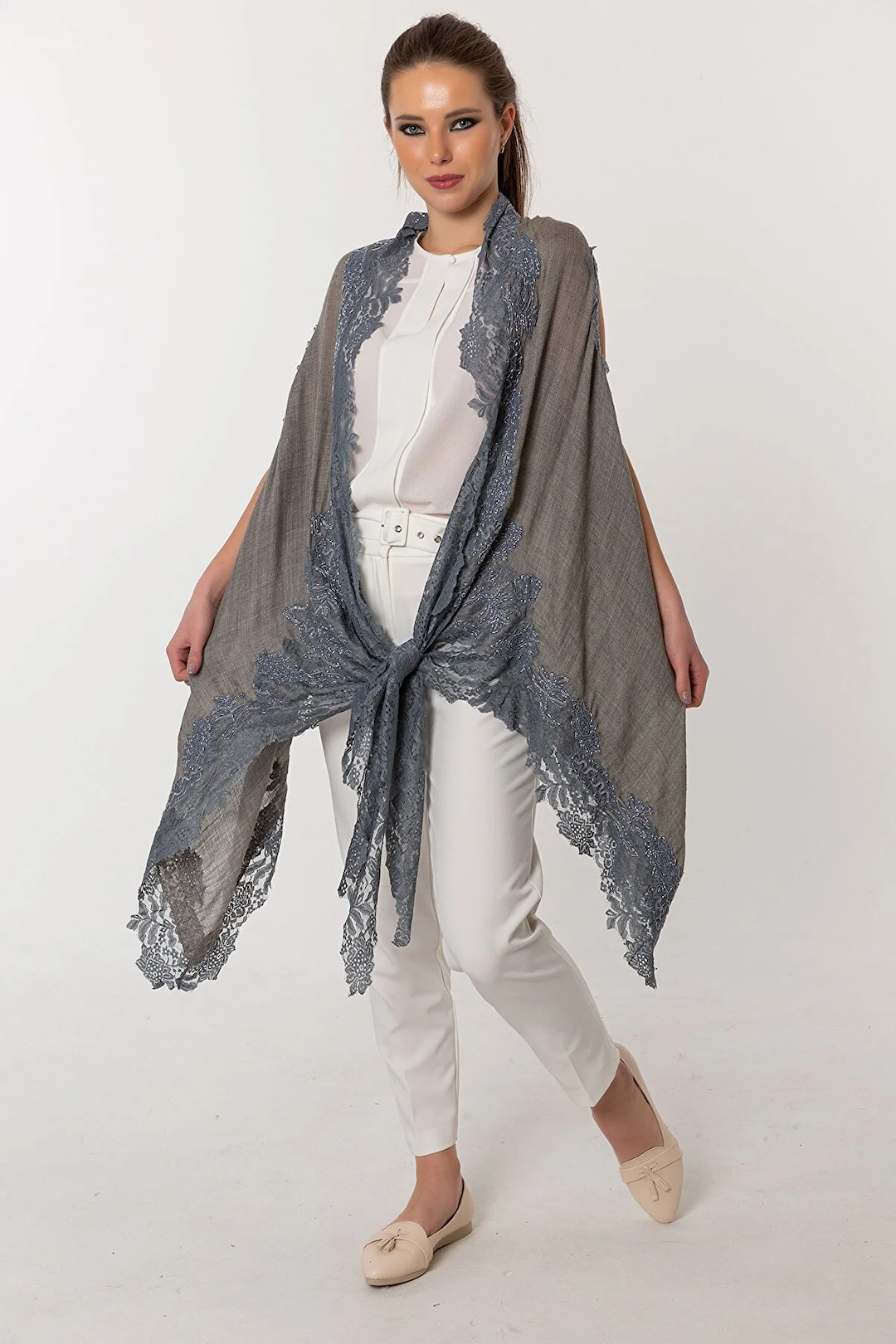 Poncho Embroidered Cashmere Silk Lace - Light Sepia Gray Blue