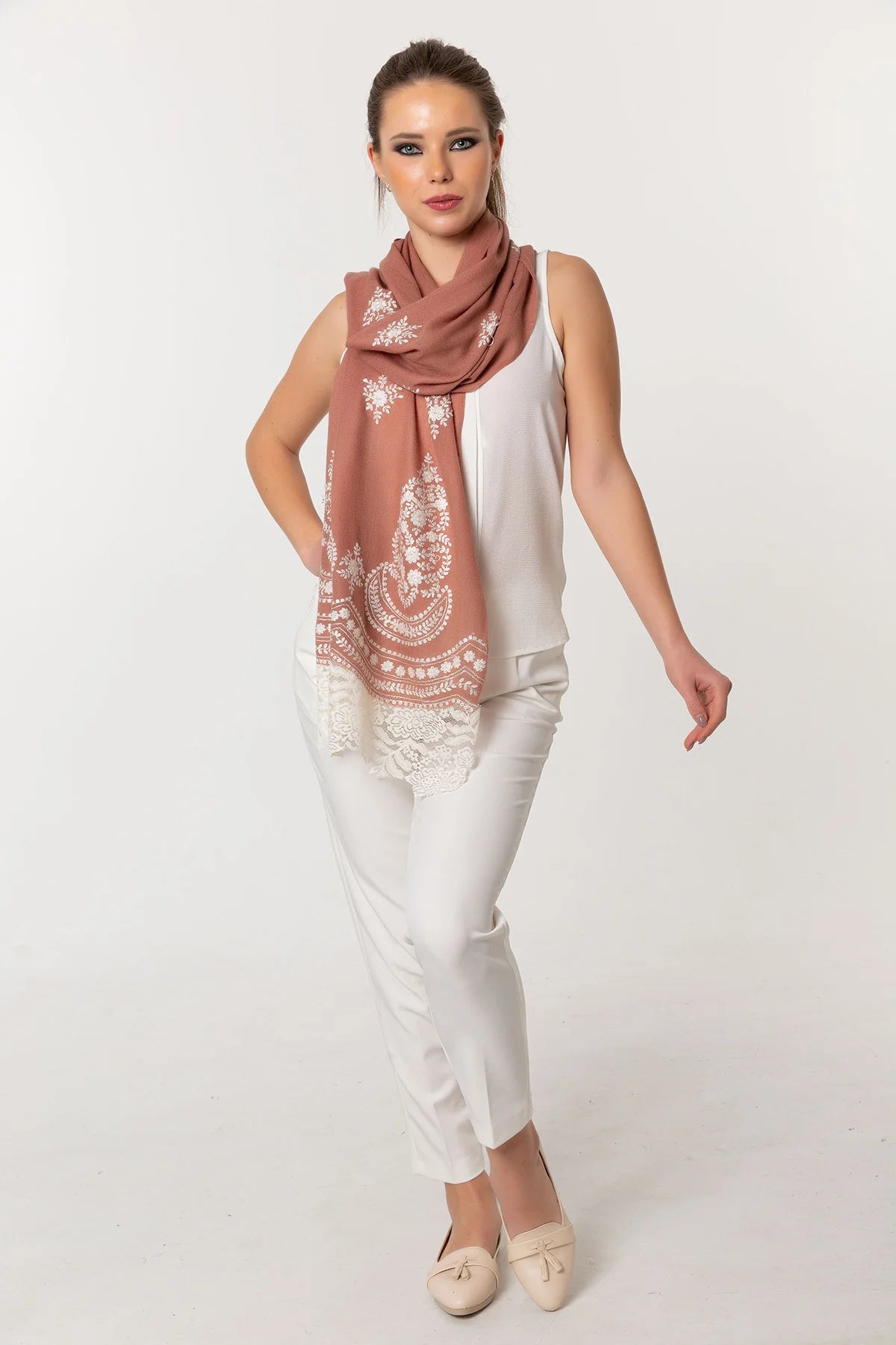 Embroidery Lace Edges Cashmere & Silk - Peach Ivory