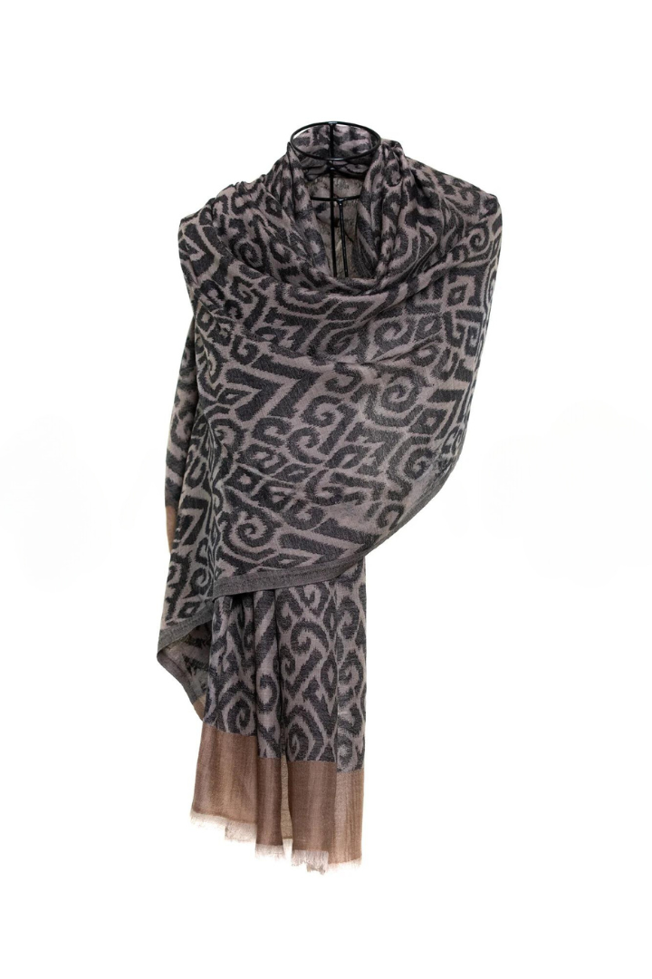 Tribal Ikat Print Cashmere Pashmina Shawl - Black Brown