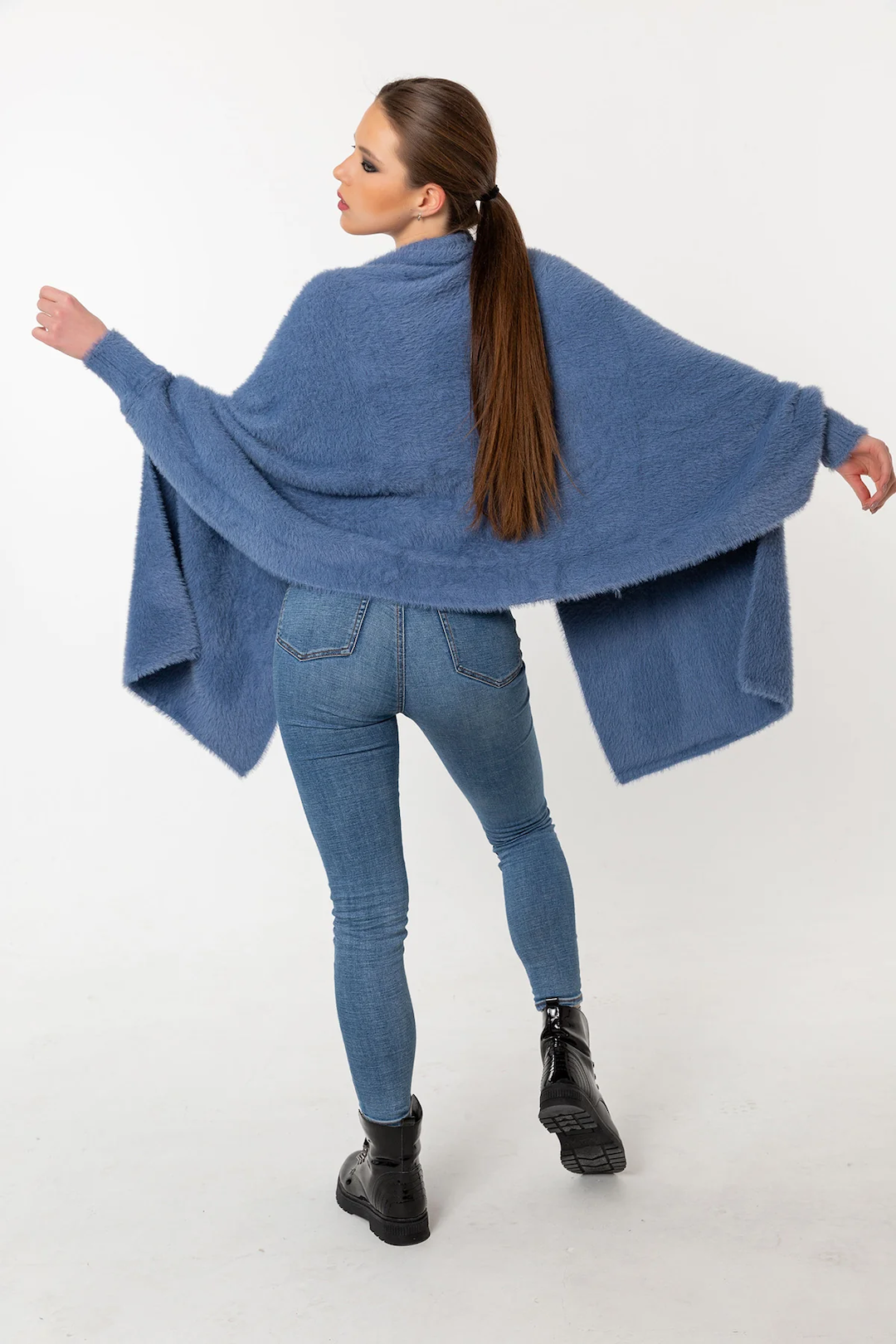 Fuzzy Poncho Shawl with Sleeves - Blue