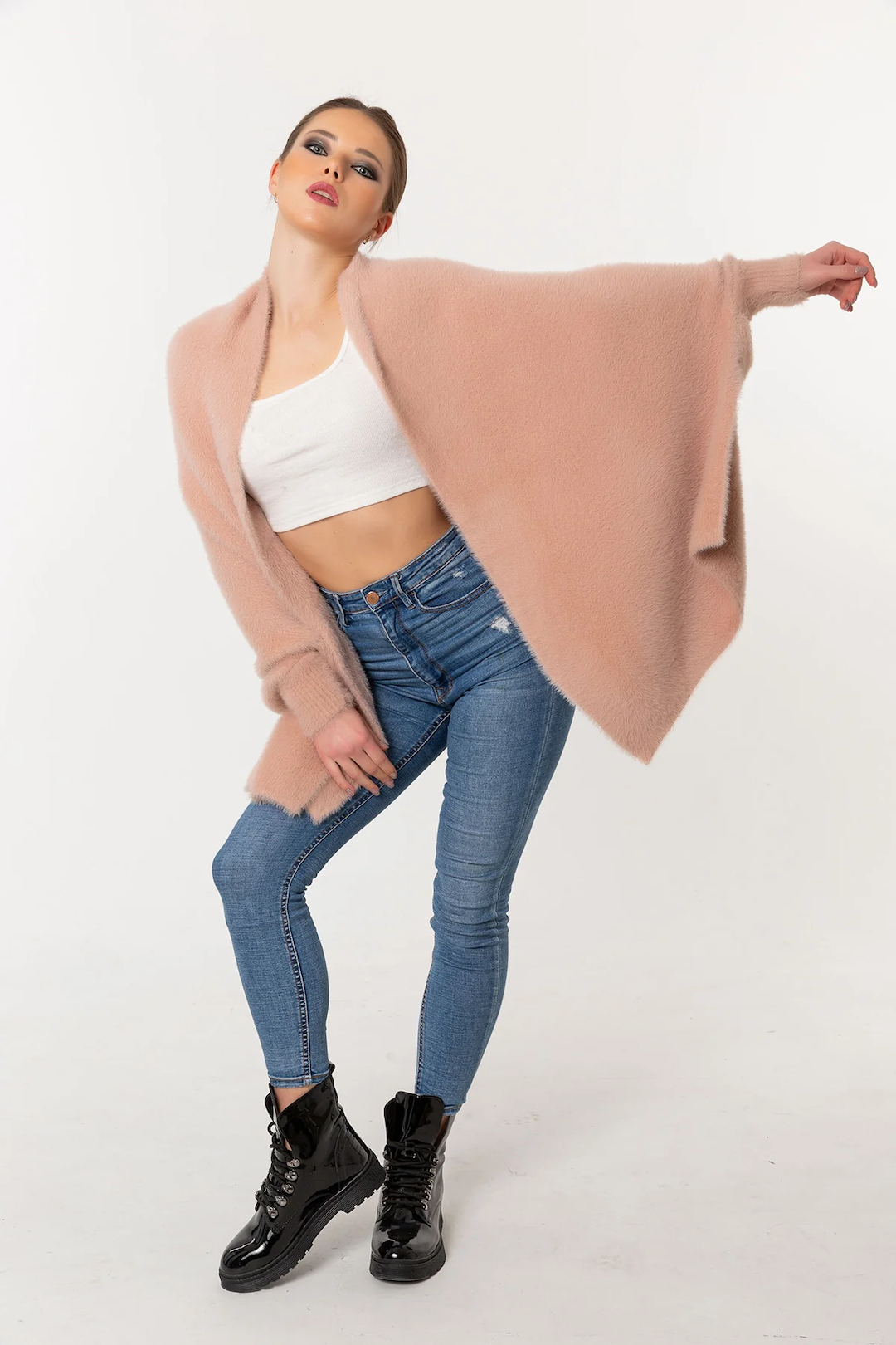 Fuzzy Poncho Shawl with Sleeves - Blush Pink