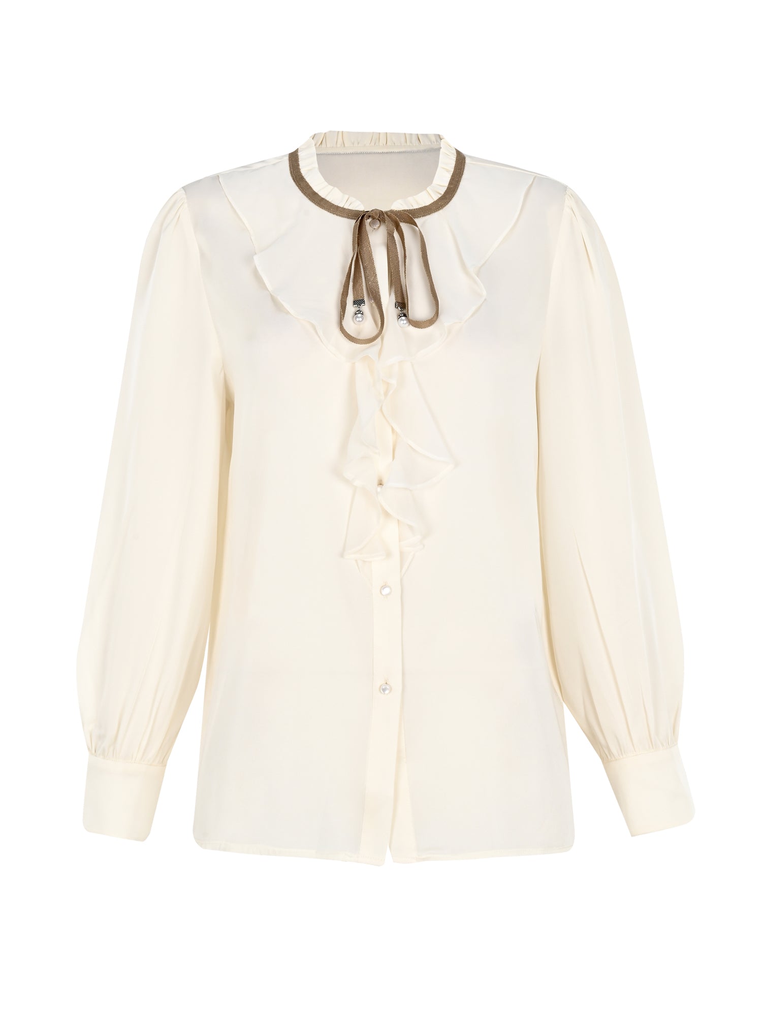 Silk Knot Ruffle Shirt - Cream Sage