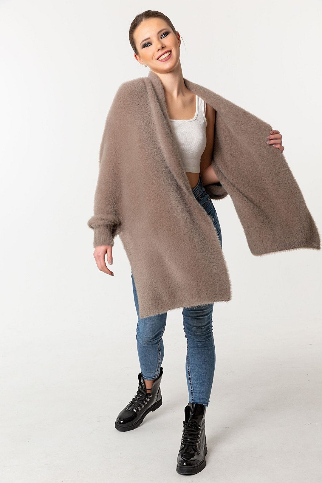 Fuzzy Poncho Shawl with Sleeves - Camel