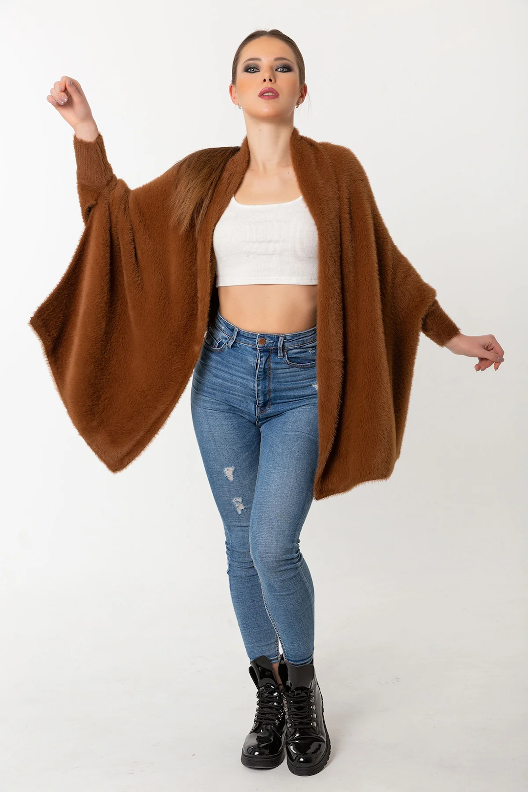 Fuzzy Poncho Shawl with Sleeves - Cinnamon