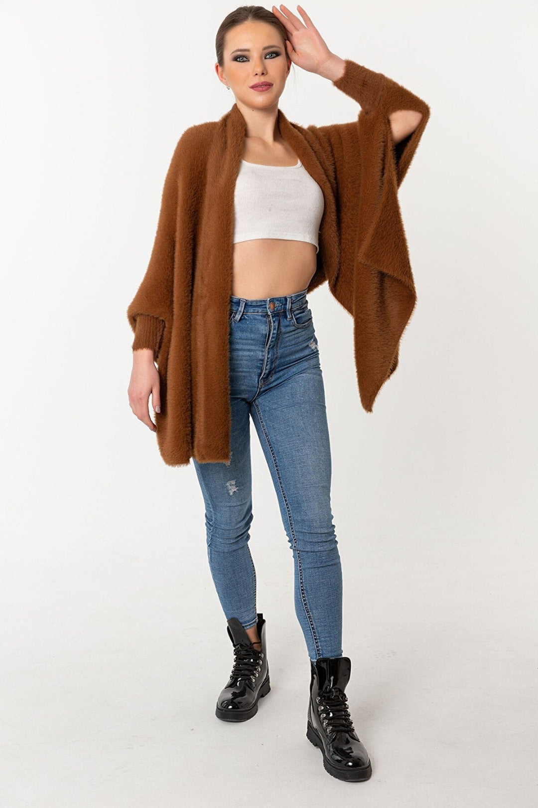 Fuzzy Poncho Shawl with Sleeves - Cinnamon