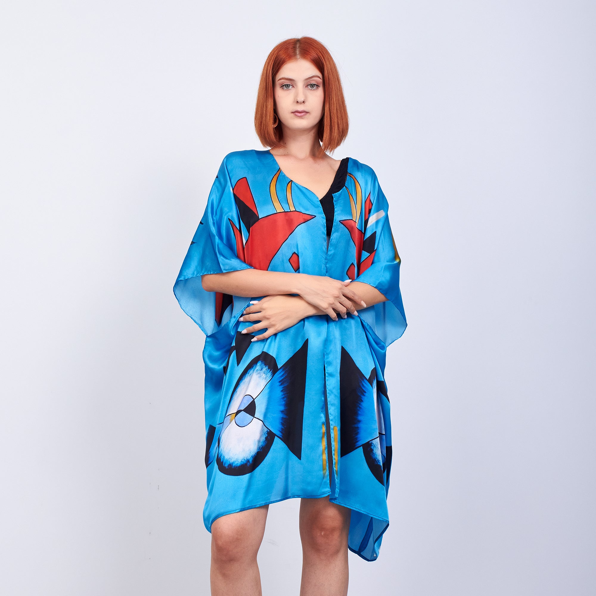 Short Kimono Pareo Mulberry Silk - Kandinsky Collage Blue