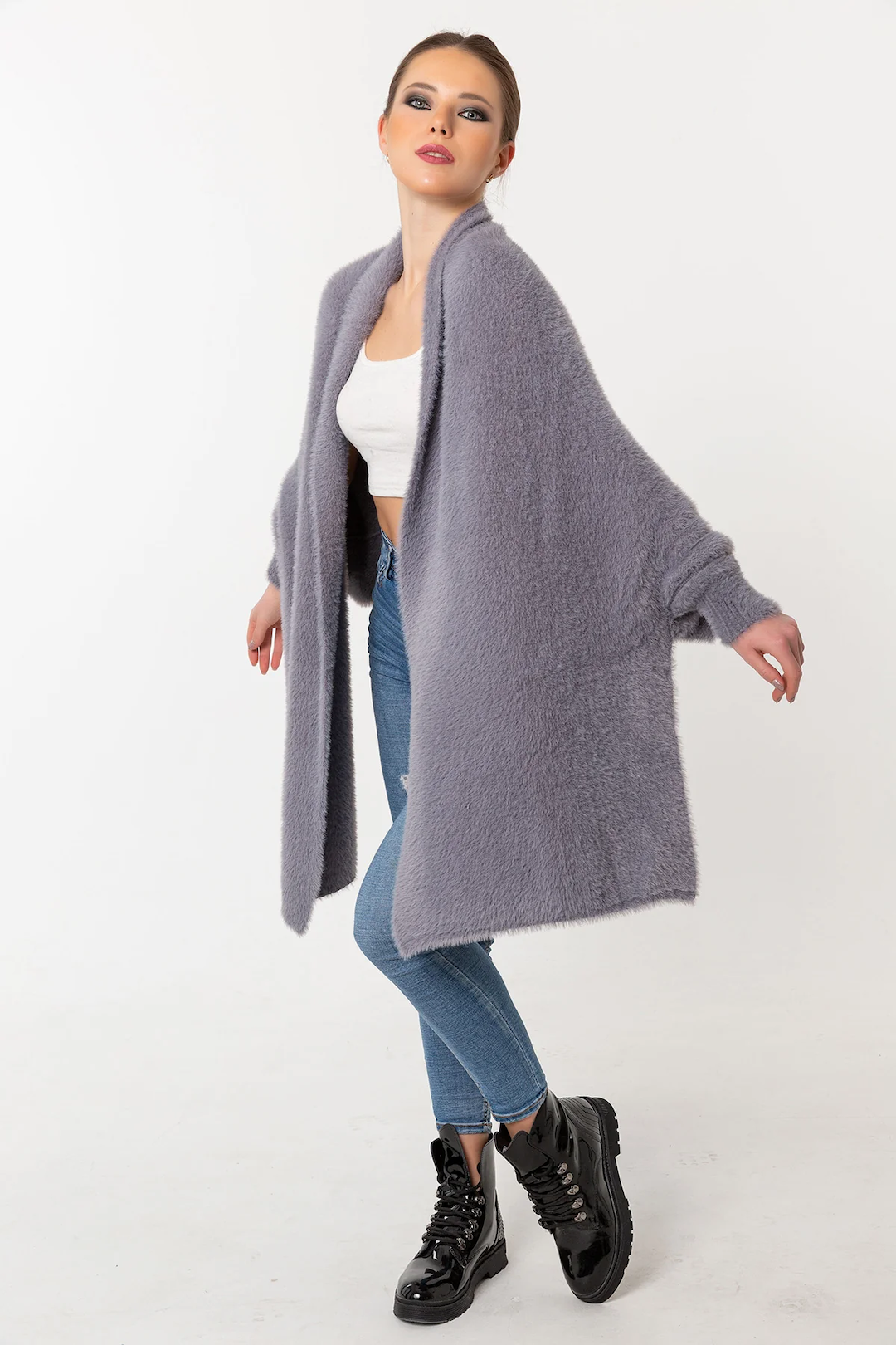 Fuzzy Poncho Shawl with Sleeves - Gray