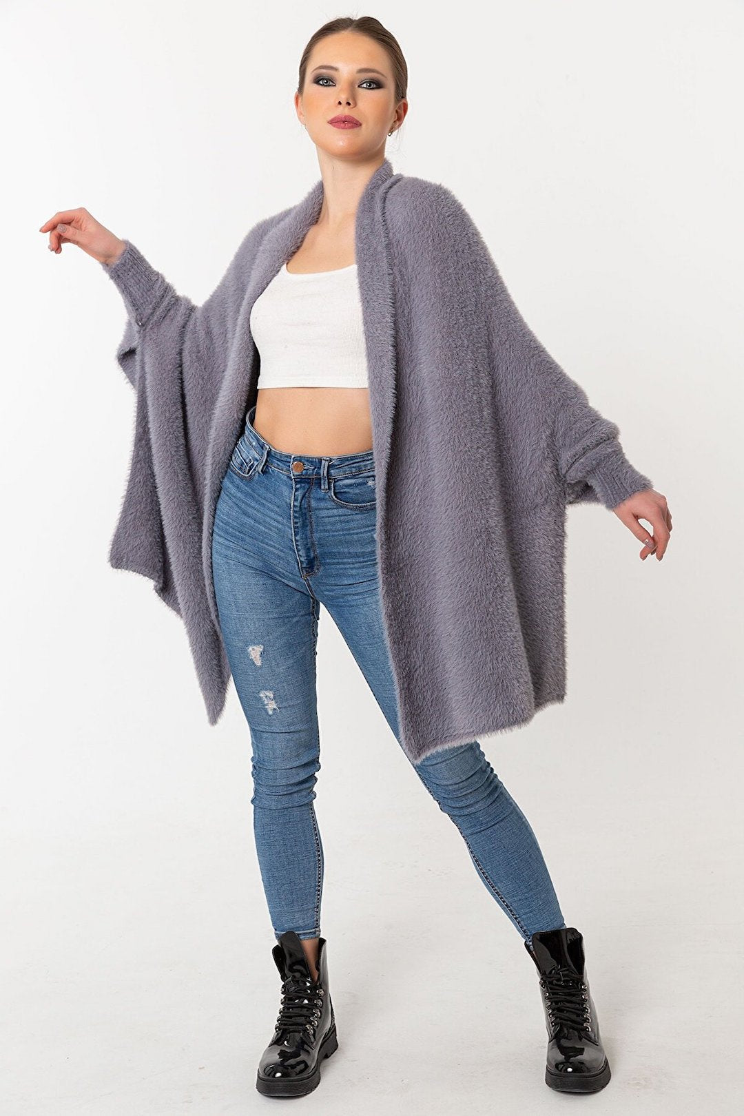 Fuzzy Poncho Shawl with Sleeves - Gray