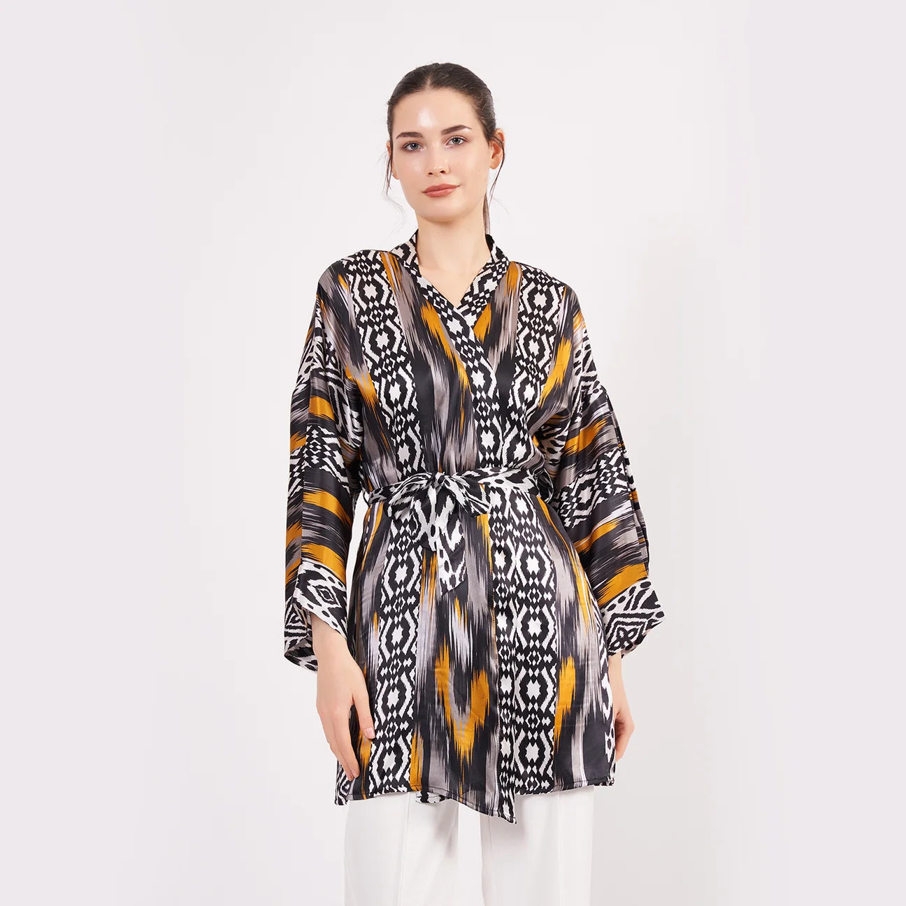 Short Kimono Belted Mulberry Silk - IKAT 8