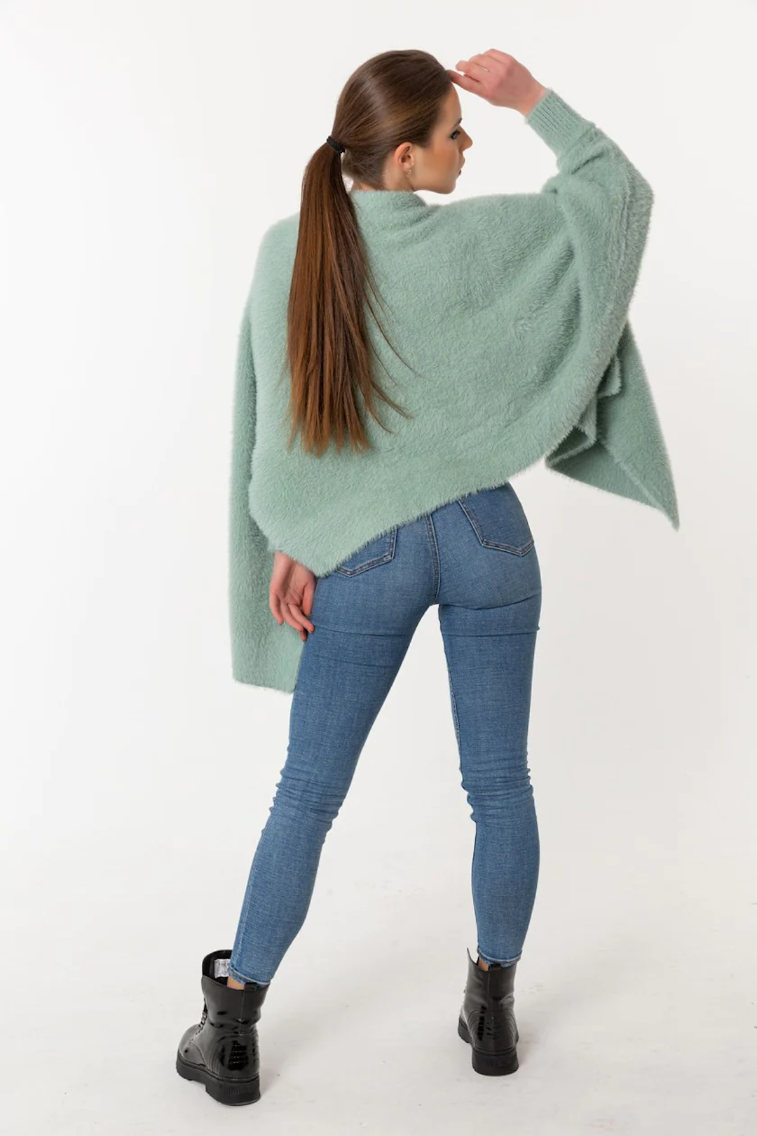 Fuzzy Poncho Shawl with Sleeves -Green Tea