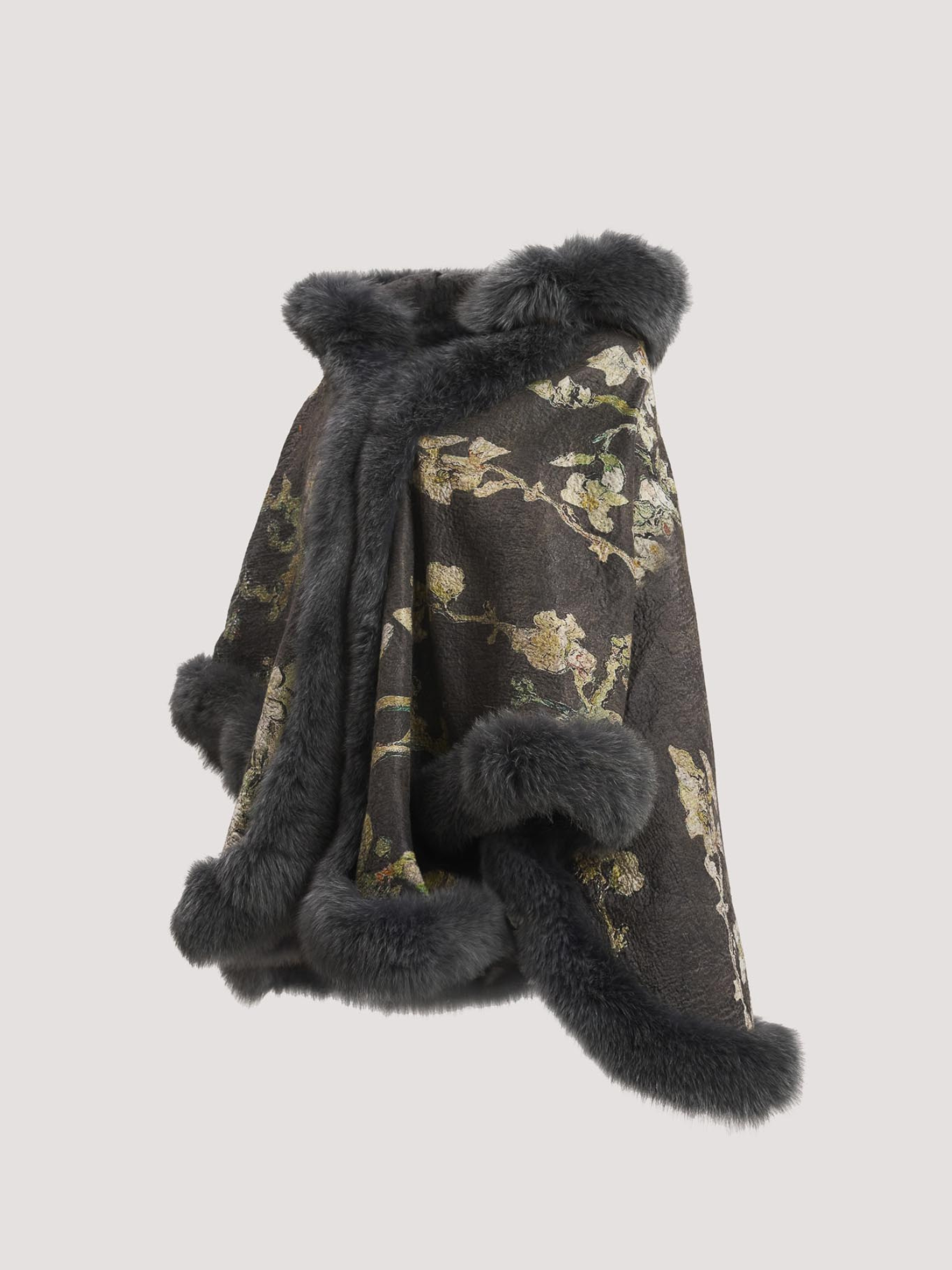 Merino Felt Fox Fur Hooded Poncho - Almond Blossoms Black