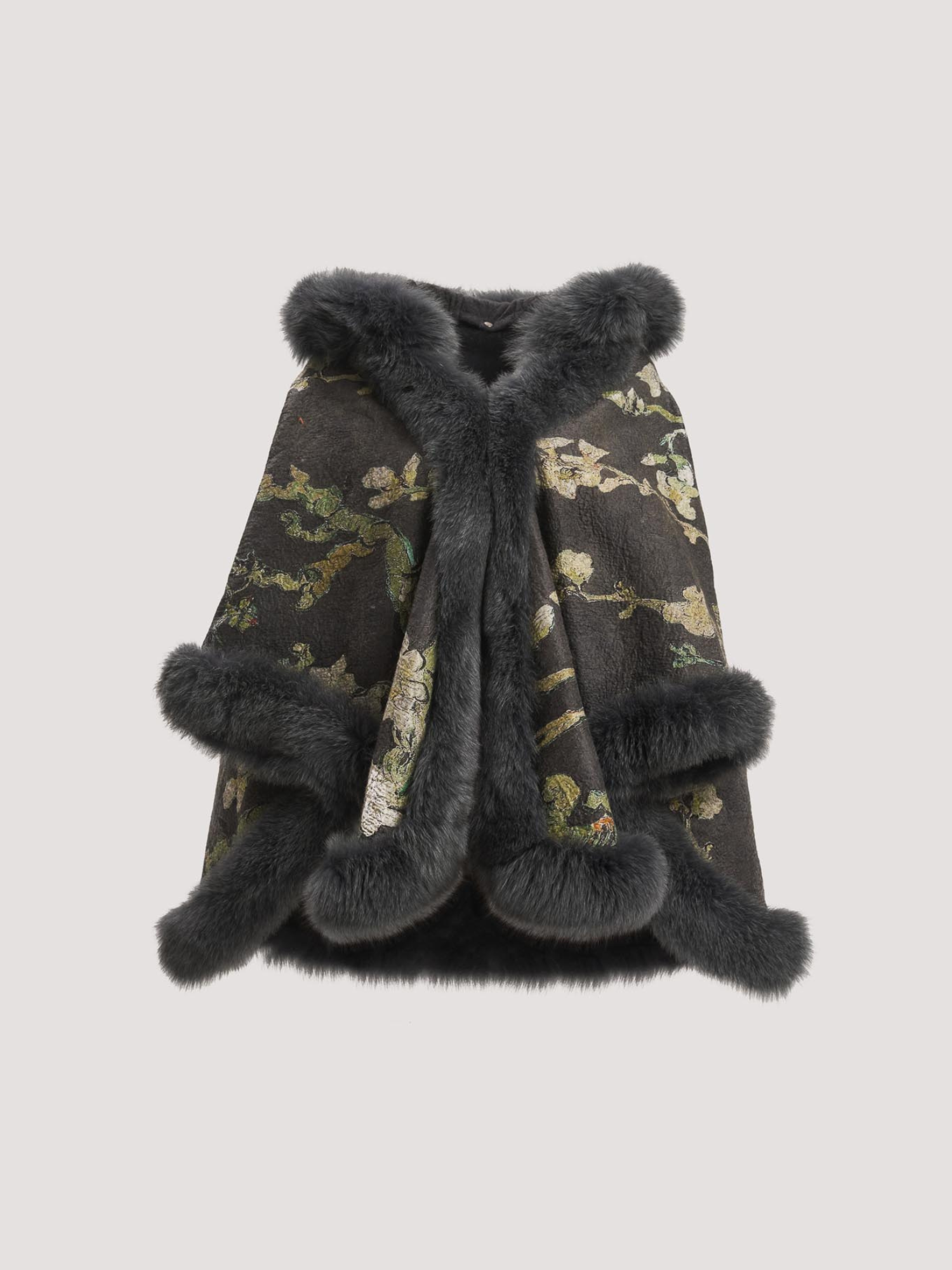 Merino Felt Fox Fur Hooded Poncho - Almond Blossoms Black