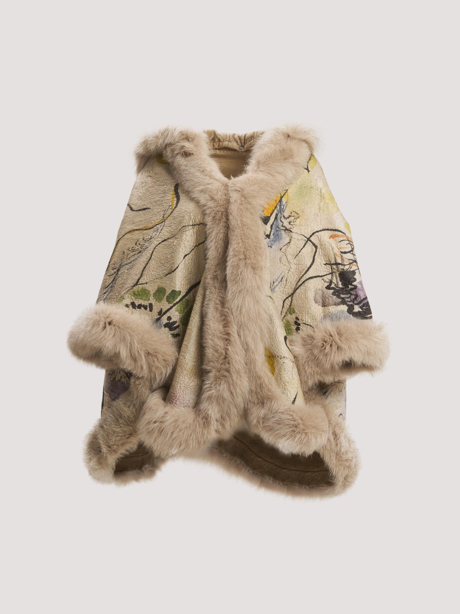 Merino Felt Fox Fur Hooded Poncho - Kadinsky Compositions