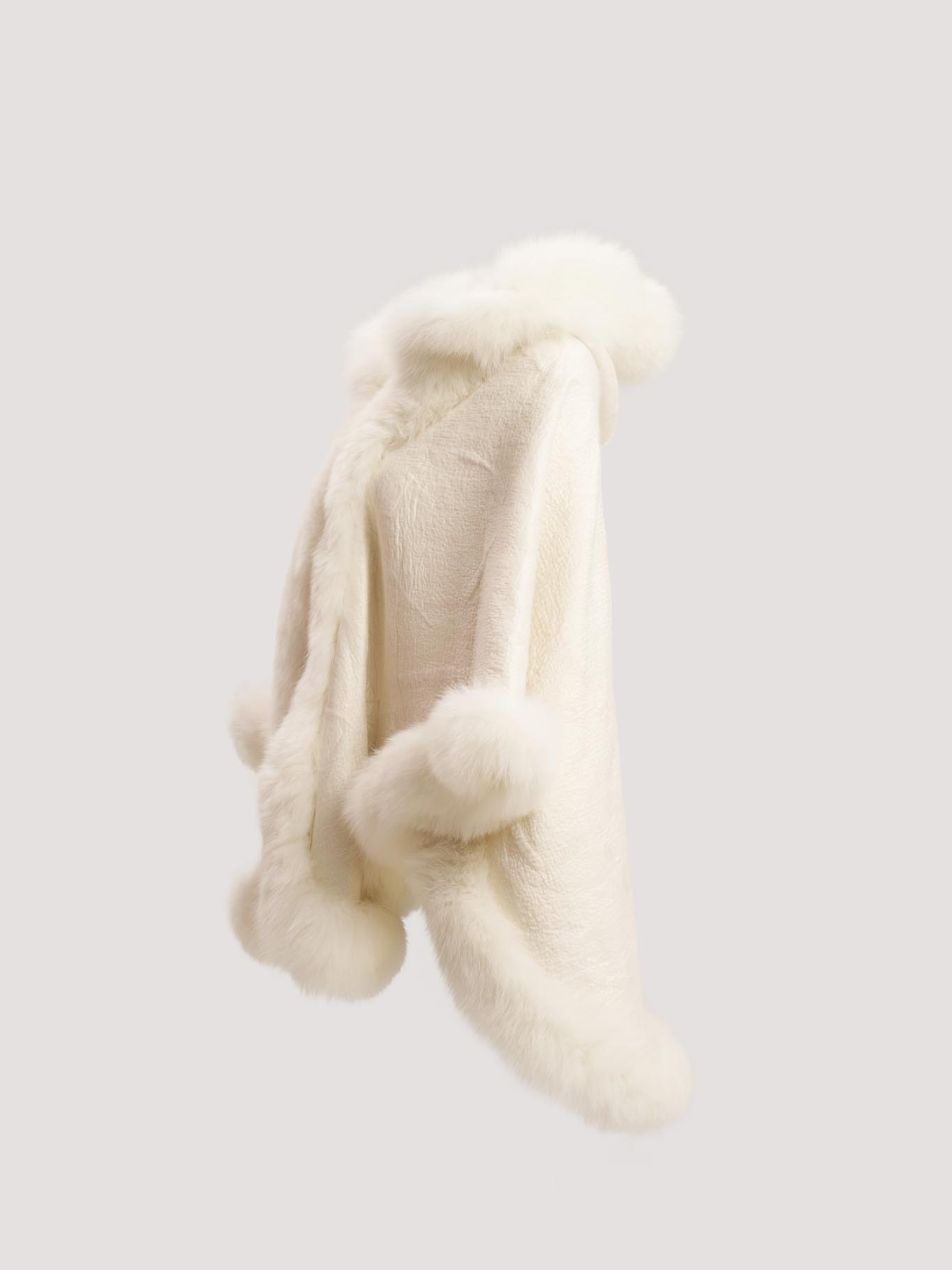 Merino Felt Fox Fur Hooded Poncho - Snow White