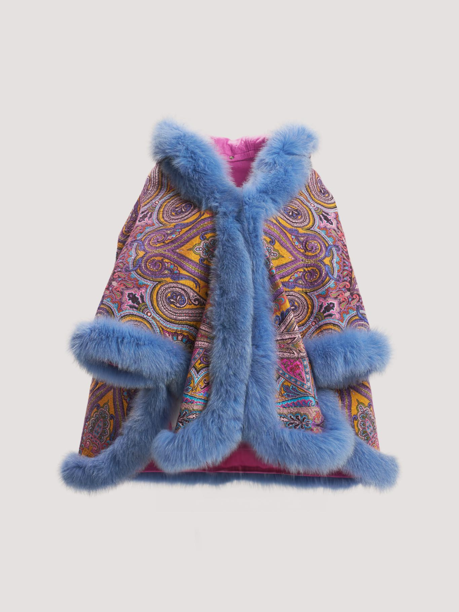 Merino Felt Fox Fur Hooded Poncho - Endo Purple