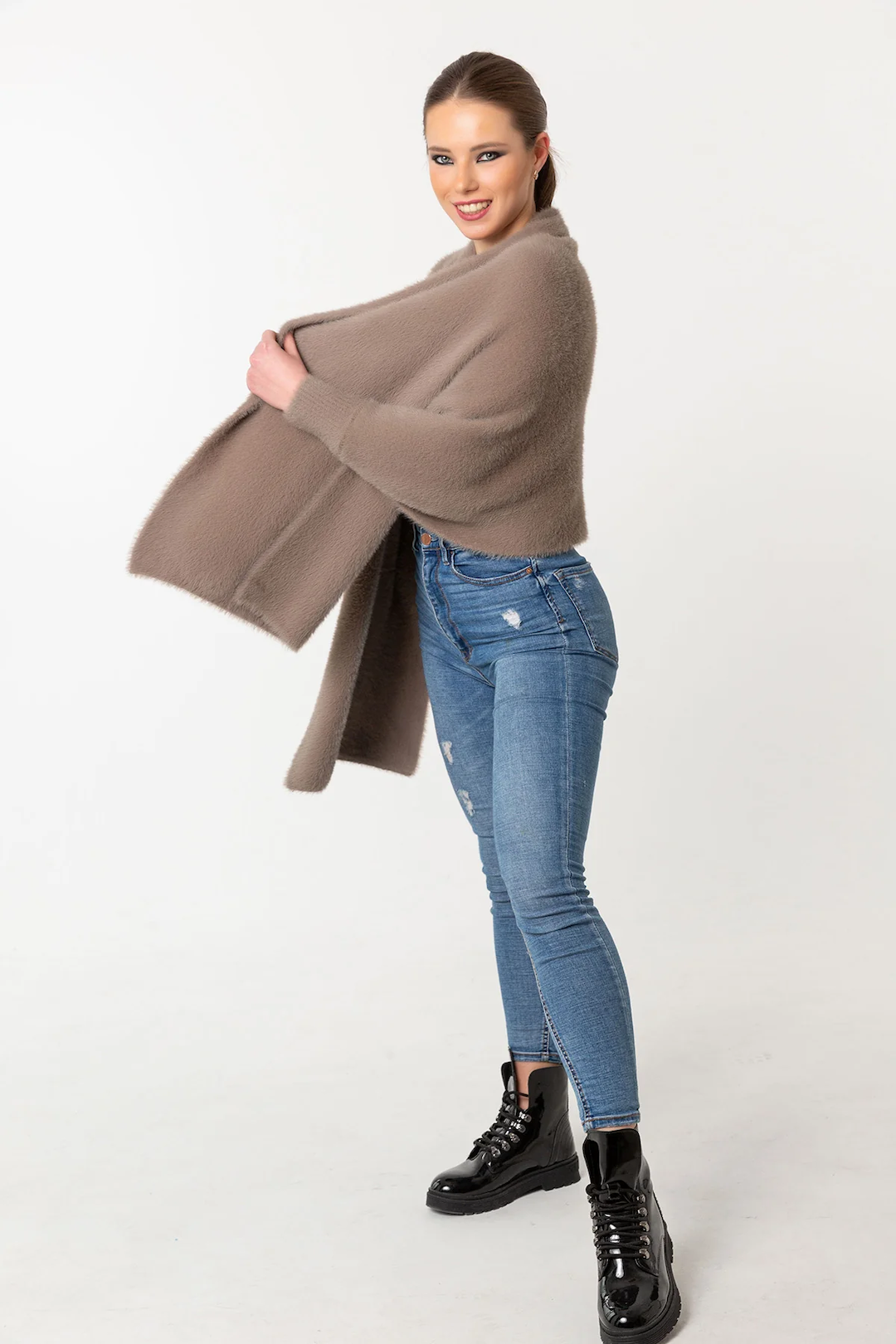 Fuzzy Poncho Shawl with Sleeves - Camel