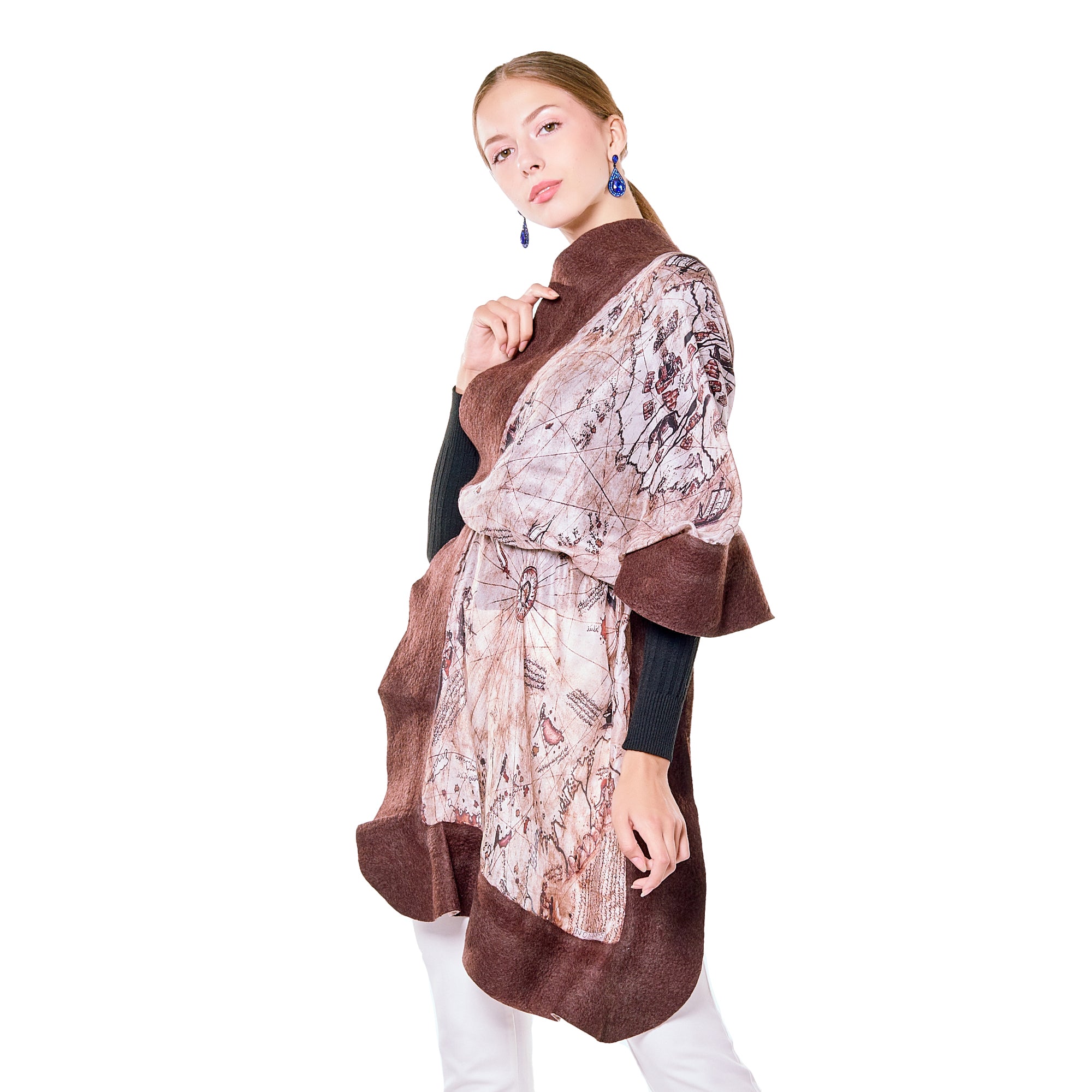 Silk & Merino Felt Shawl -Piri Reis Map Brown-Camel