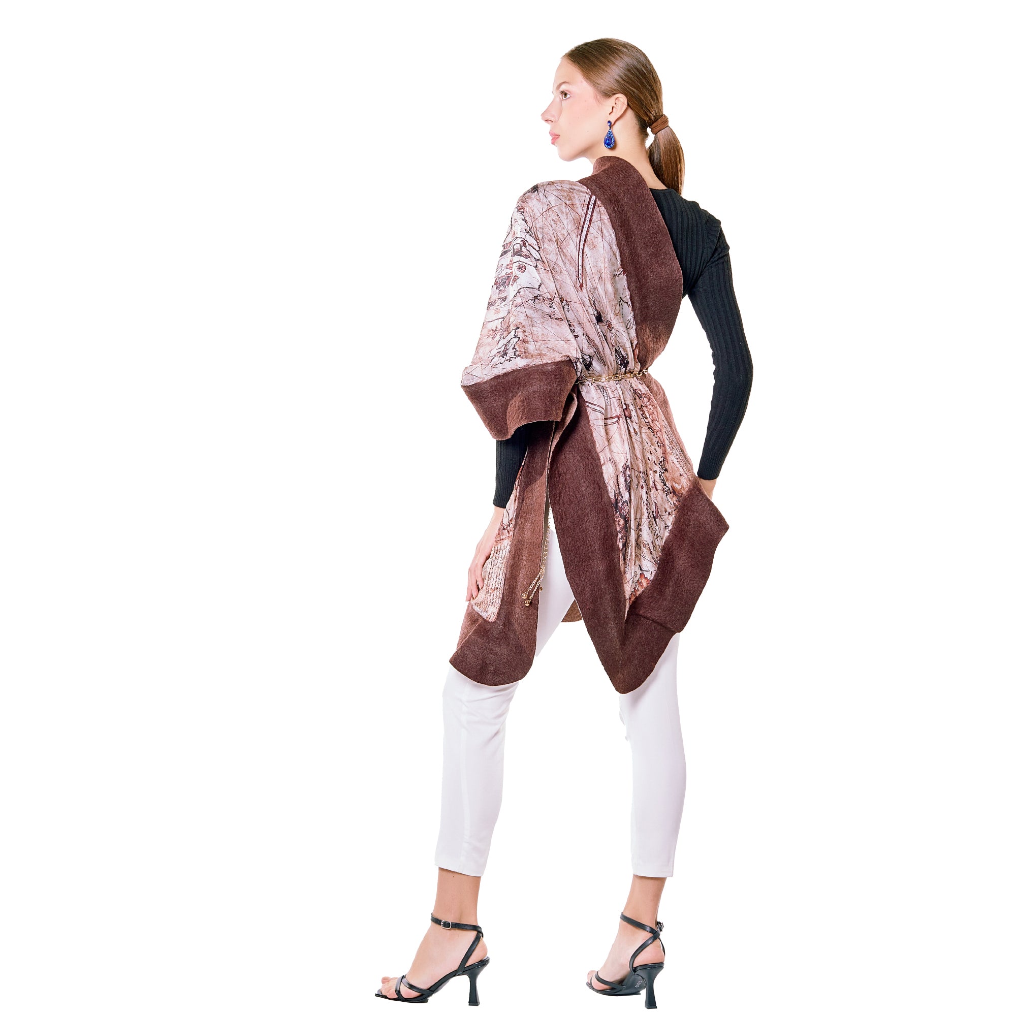 Silk & Merino Felt Shawl -Piri Reis Map Brown-Camel