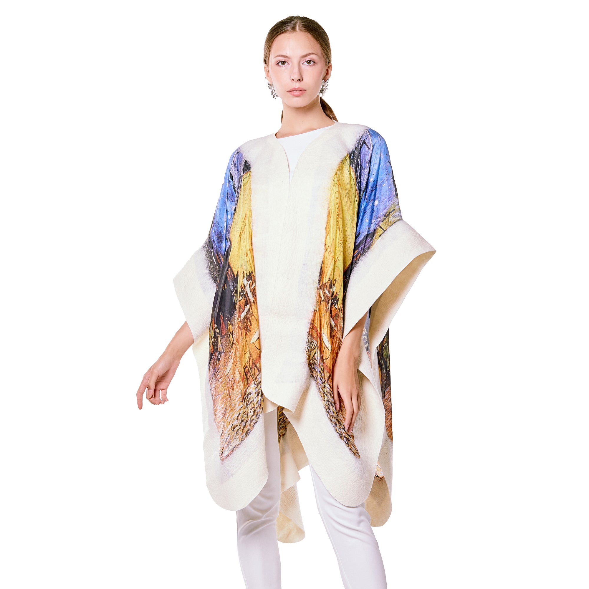 Poncho Mulberry Silk & Merino Handmade Felt -  White | Van Gogh Cafe Terrace