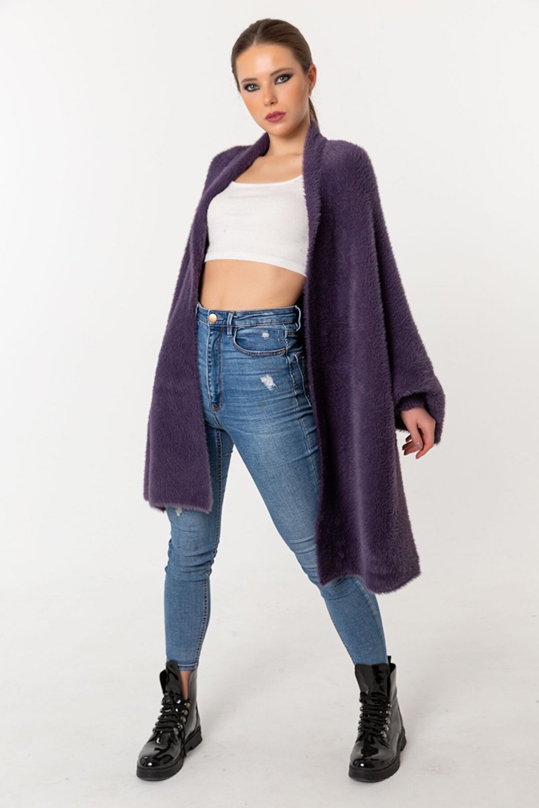 Fuzzy Poncho Shawl with Sleeves - Violet