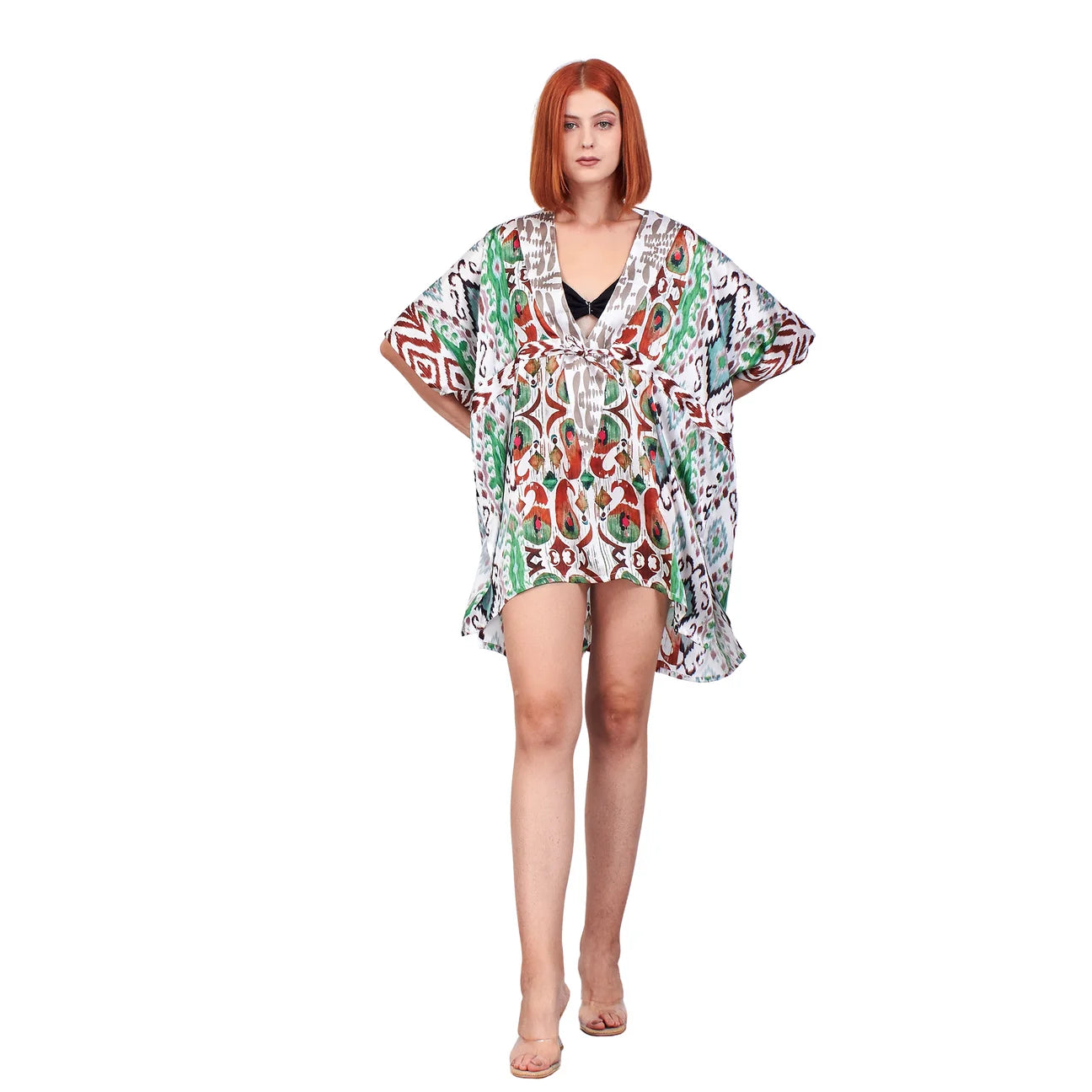 Short Kimono Belted Mulberry Silk - IKAT Green