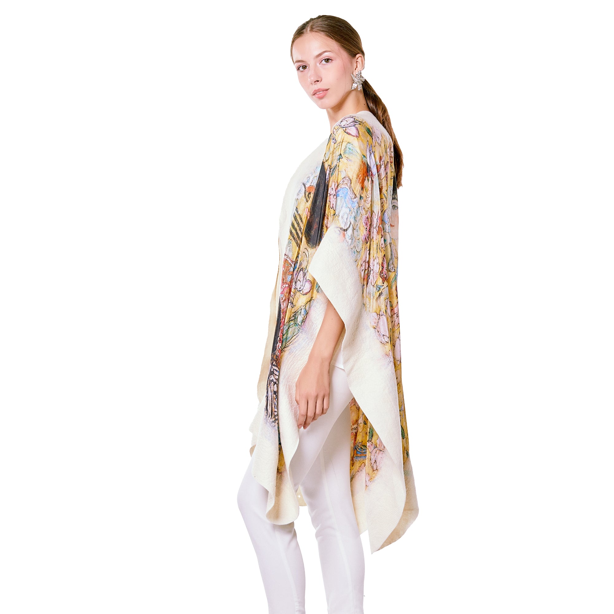 Poncho Mulberry Silk & Merino Handmade Felt -  White | Lady with Fan