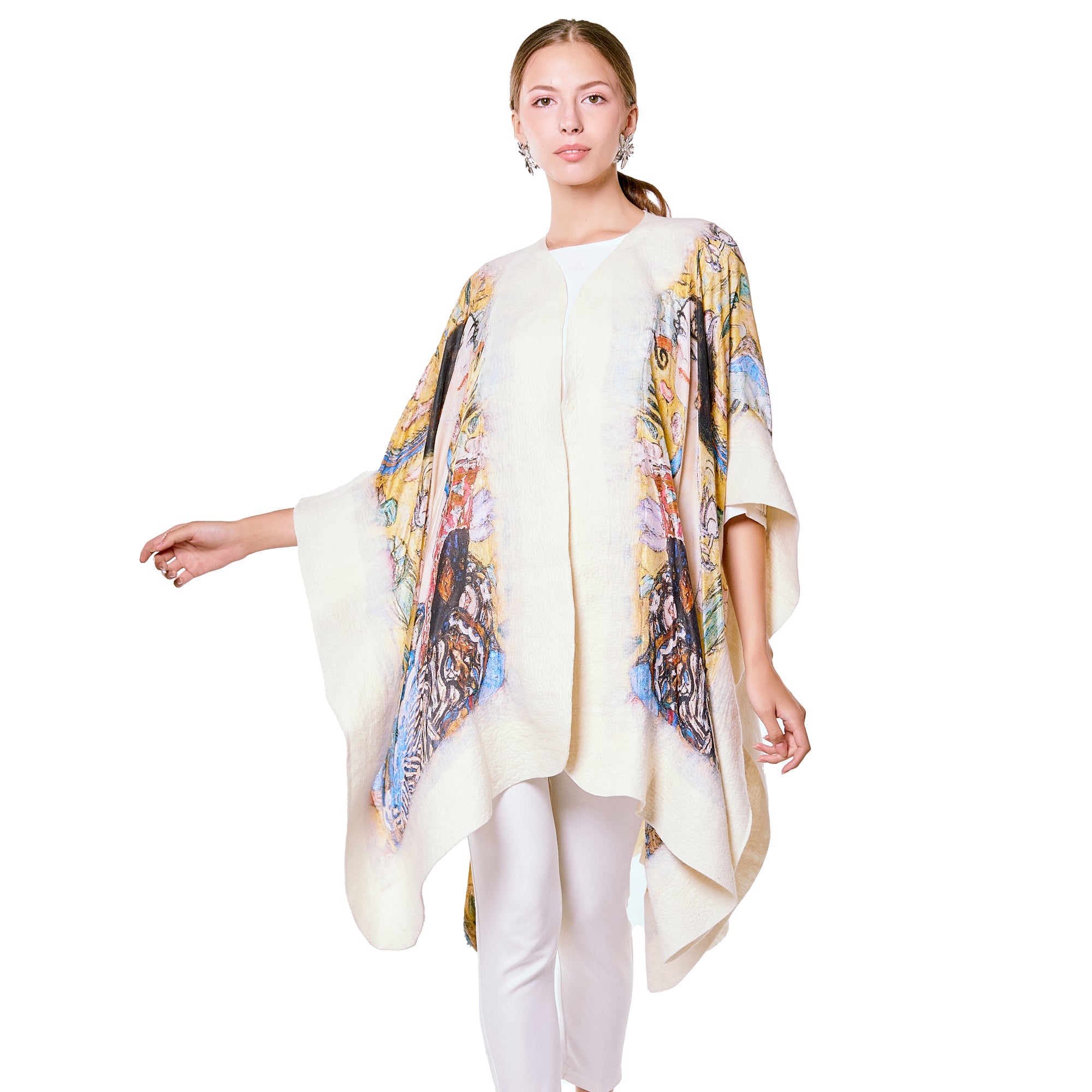 Poncho Mulberry Silk & Merino Handmade Felt -  White | Lady with Fan