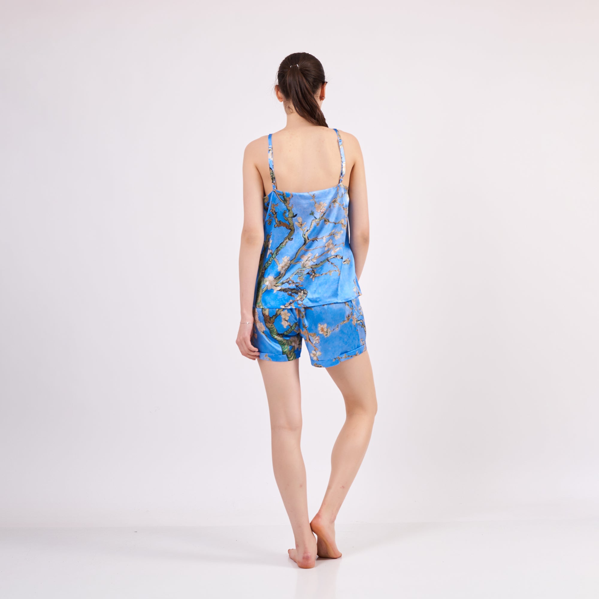 Pure Silk Pyjama Set Tank and Shorts - Almond Blossoms Blue