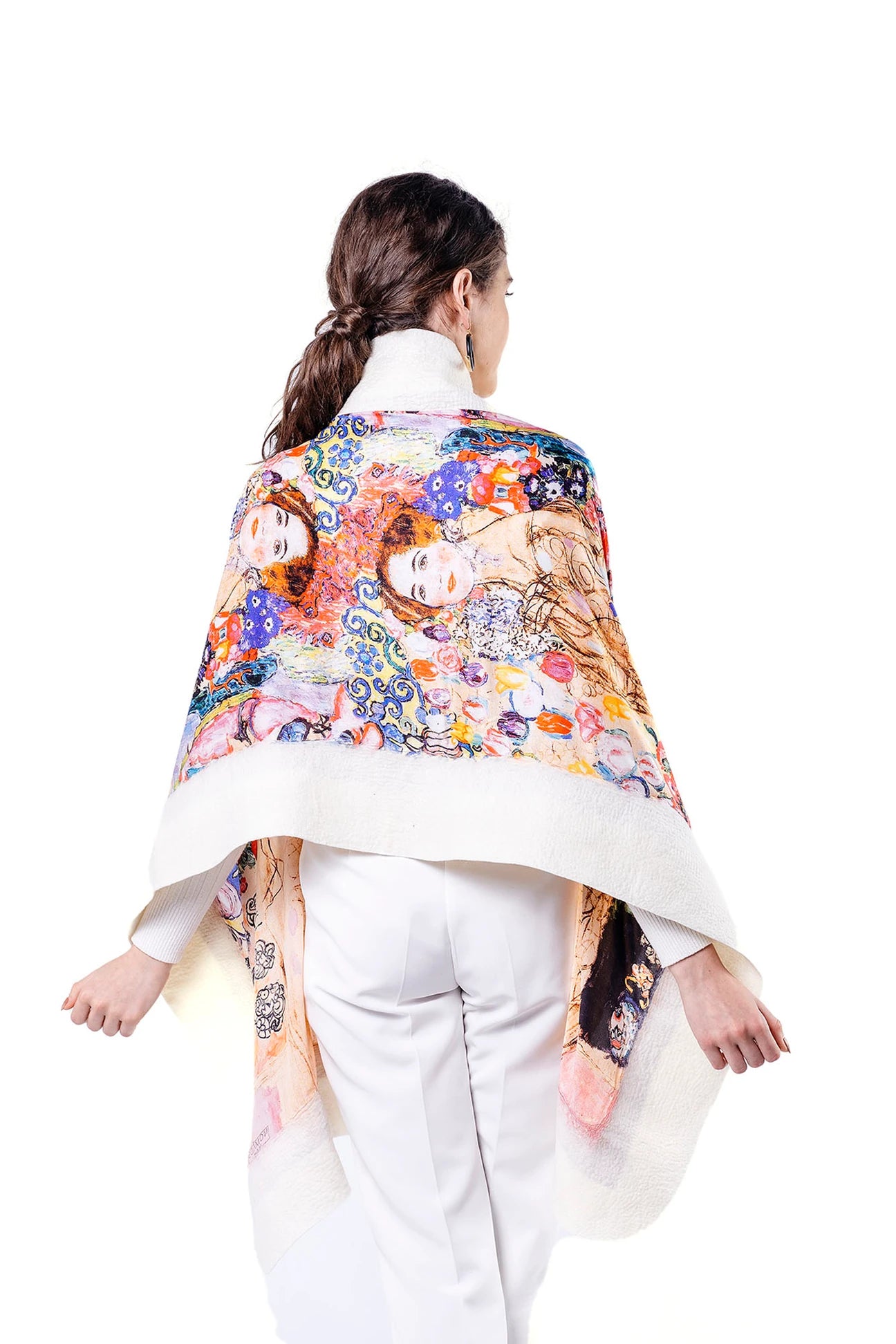 Silk & Merino Felt Shawl -Gustav Klimt Maria Munk White