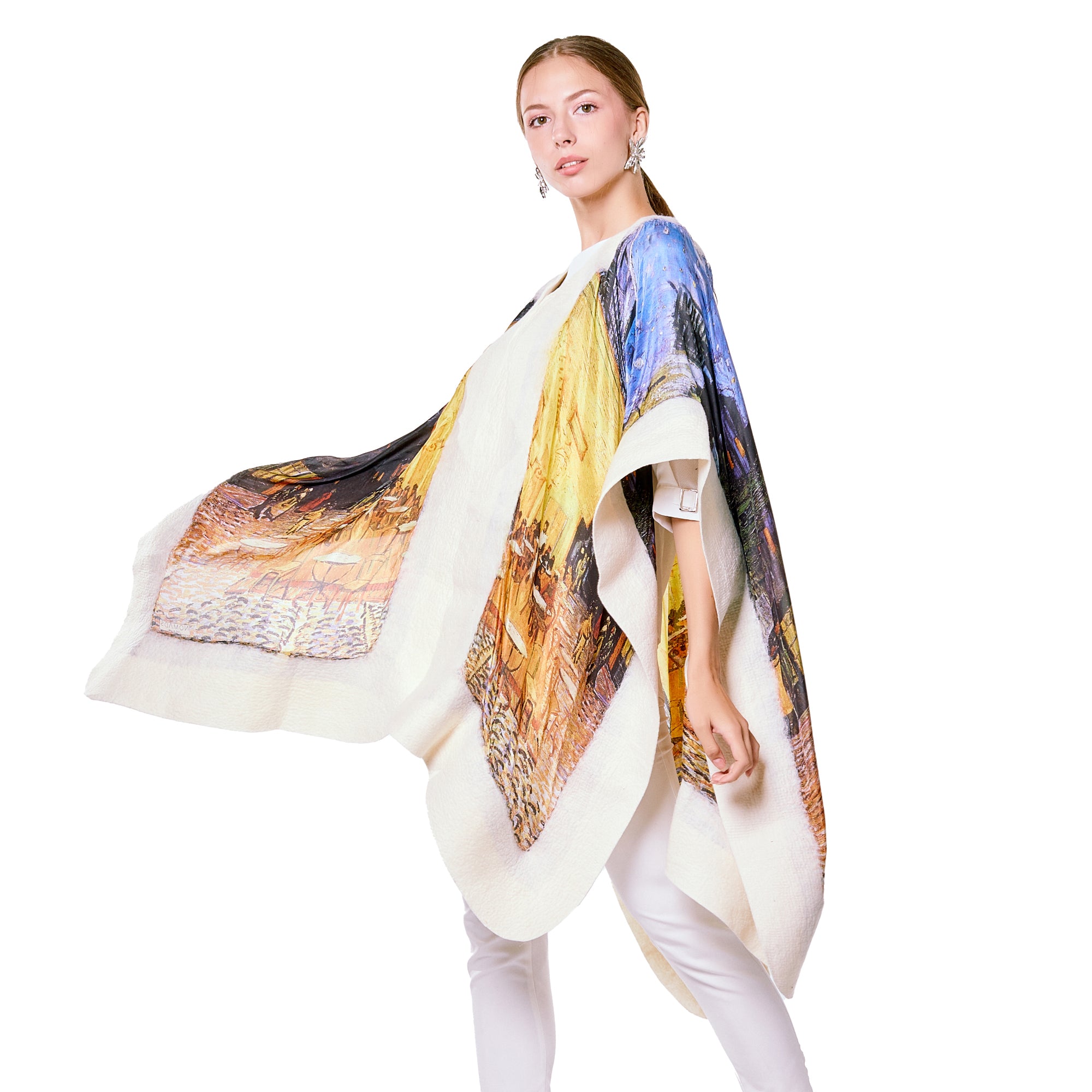 Poncho Mulberry Silk & Merino Handmade Felt -  White | Van Gogh Cafe Terrace