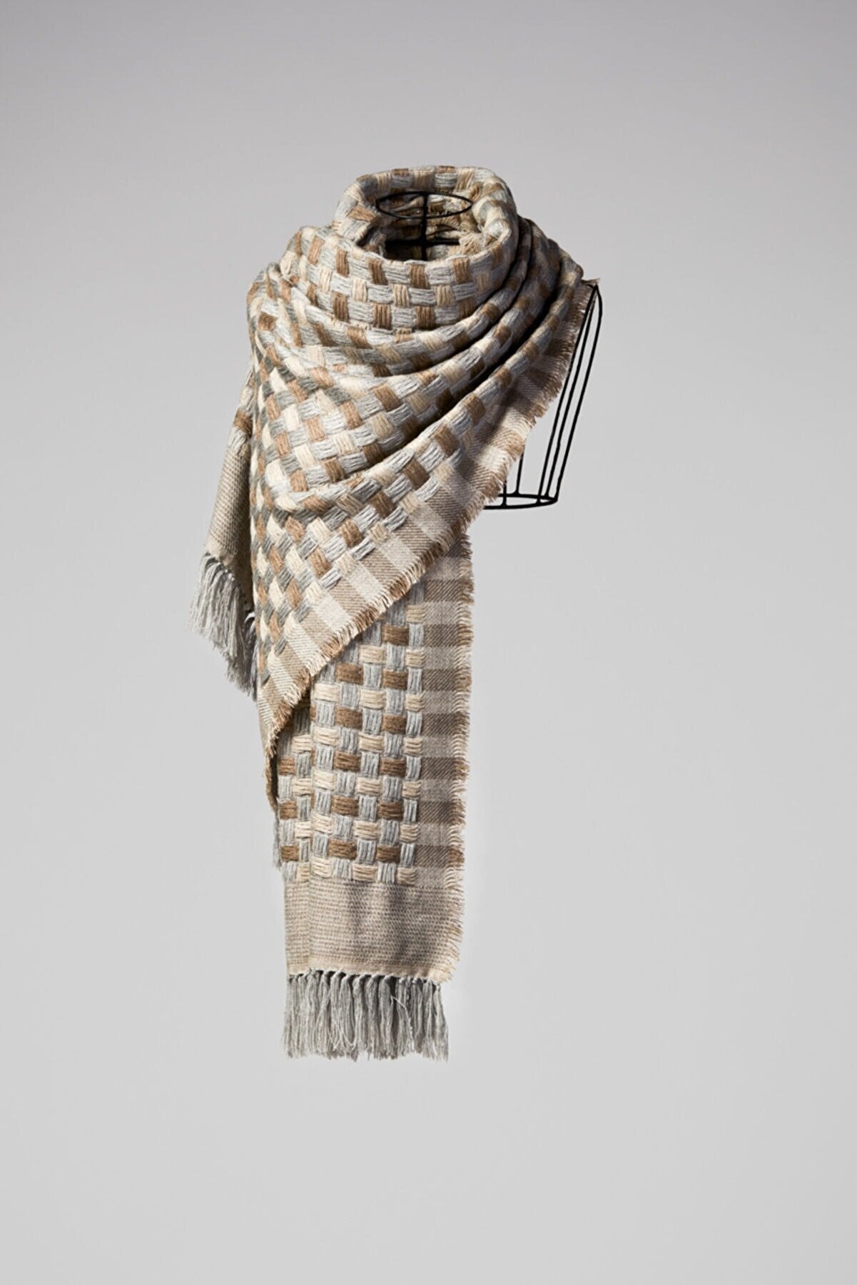 Checkers Basket Weave Wool Scarf - Beige