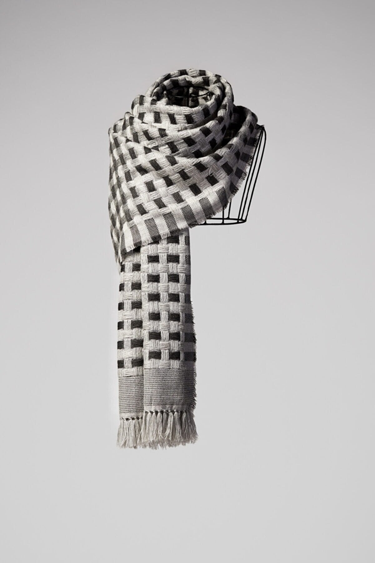 Checkers Basket Weave Wool Scarf - Dark Gray