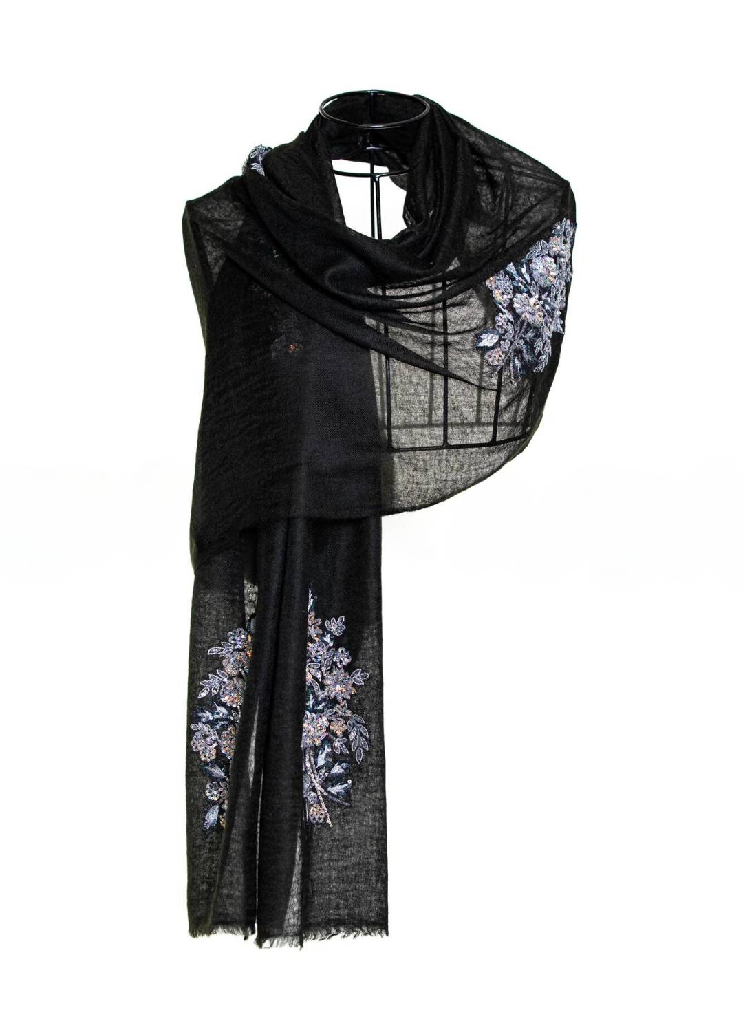 Sparge Cashmere Embroidery Sequence Shawls - Black