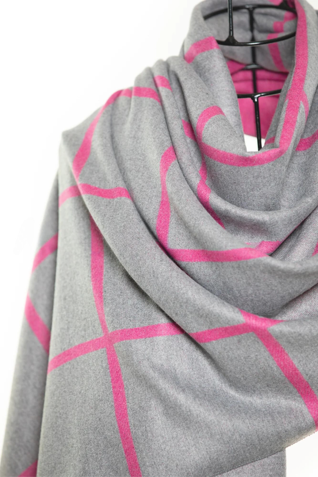 Reversible Mo-shmere Modal Cashmere Checkers Shawl - Gray Fuschia