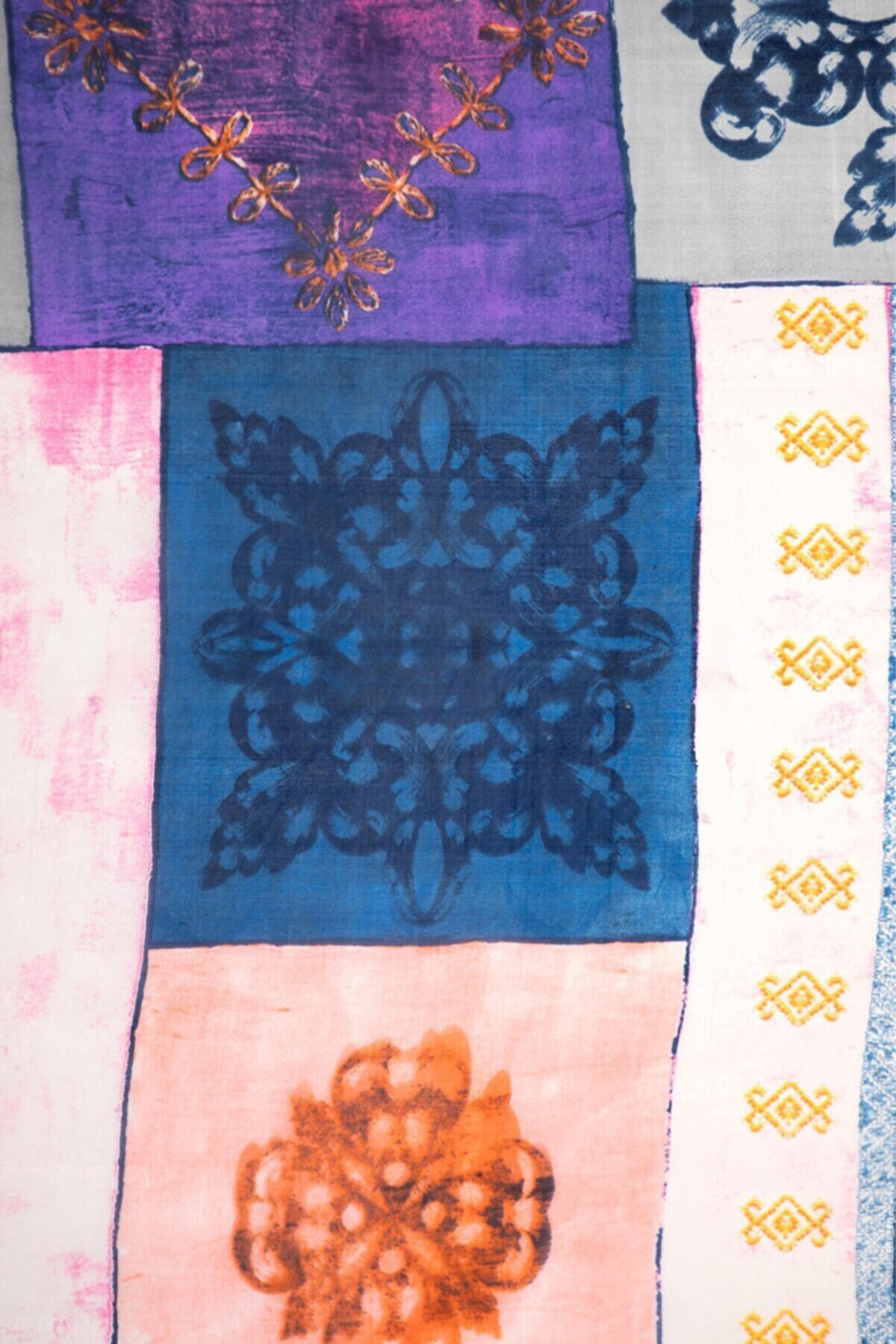 Raw Silk Rectangular Shawl - Indigo Tiles Shawl