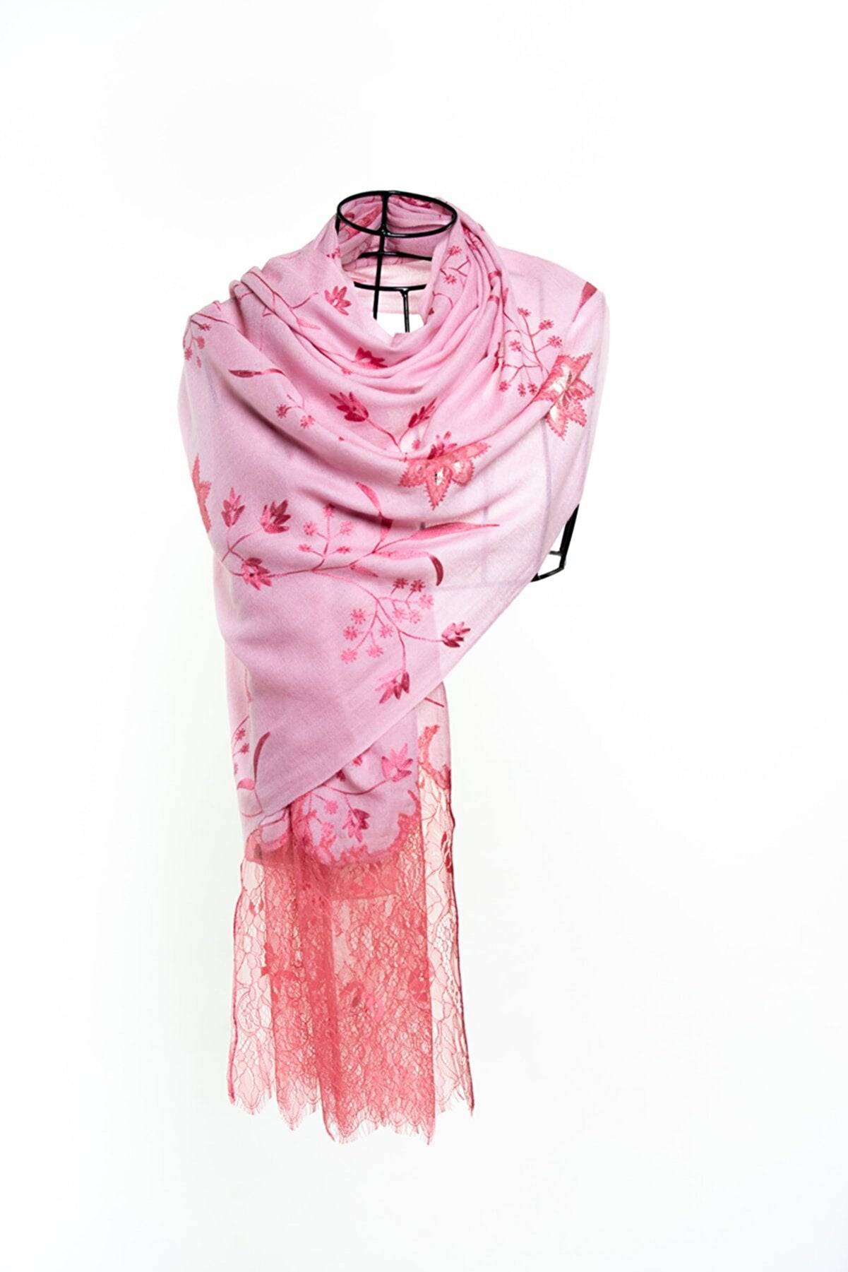 Border Lace & Embroidery Floral Sheer Shawl - Pink Flamingo