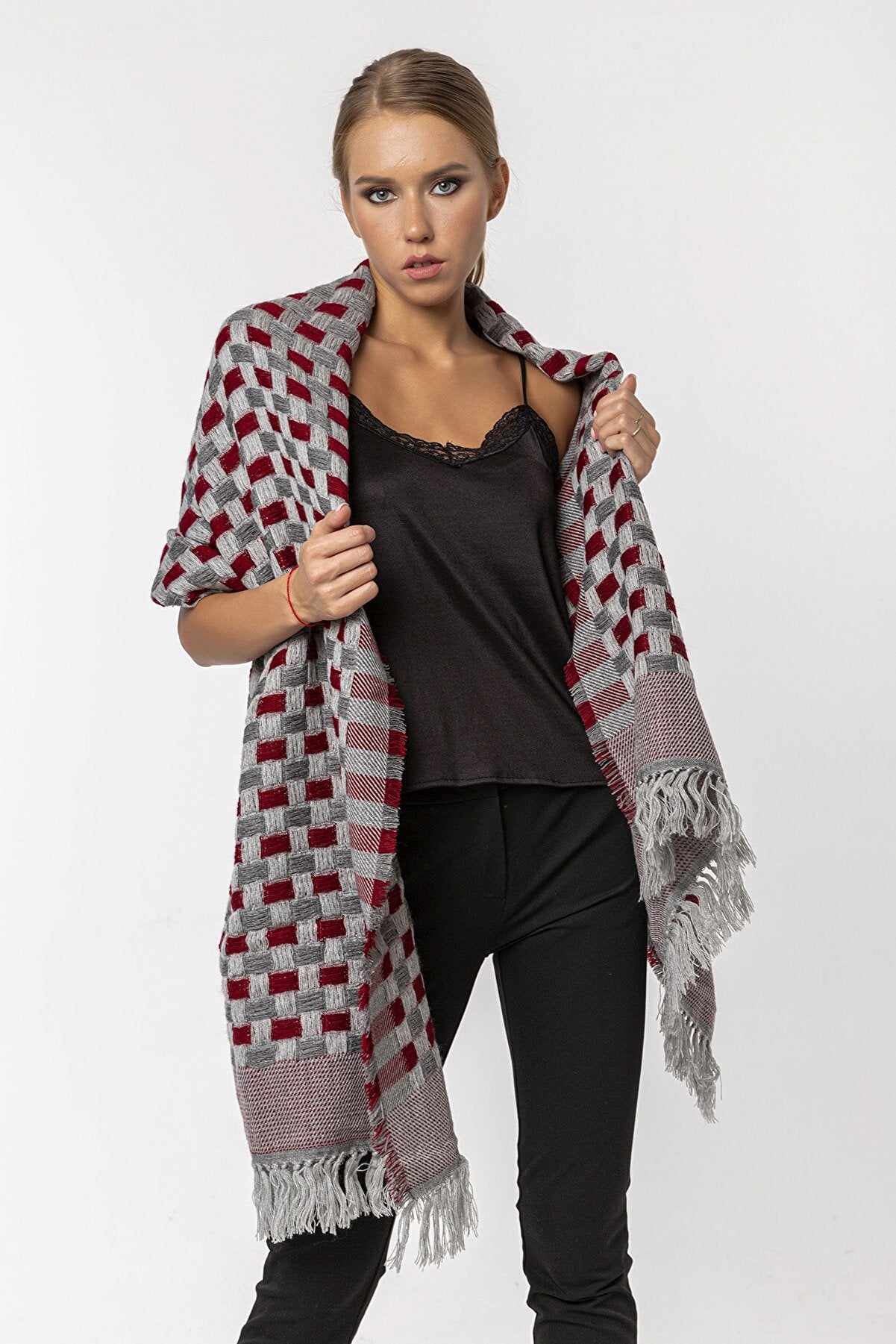 Checkers Basket Weave Wool Scarf - Maroon