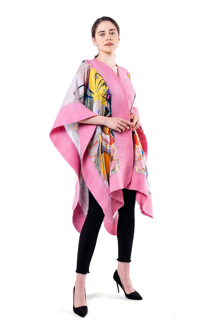 Poncho Mulberry Silk & Merino Handmade Felt -  Pink | Dominant Curve Kandinsky