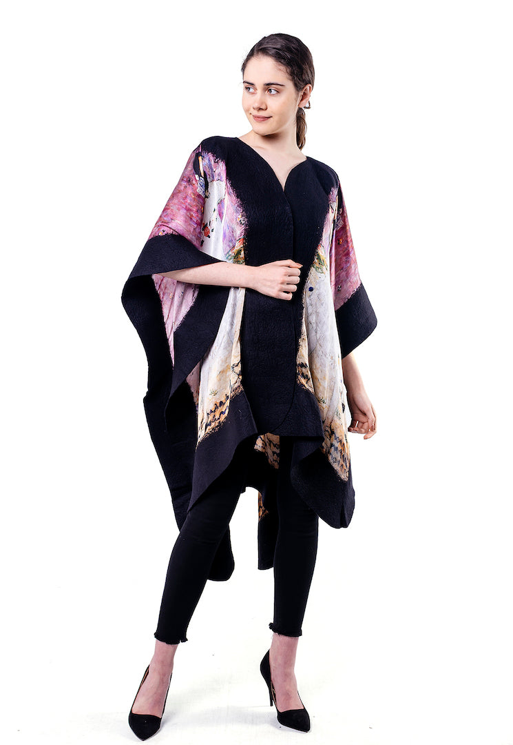 Poncho Mulberry Silk & Merino Handmade Felt -  Black | Klimt Mada Primavesi