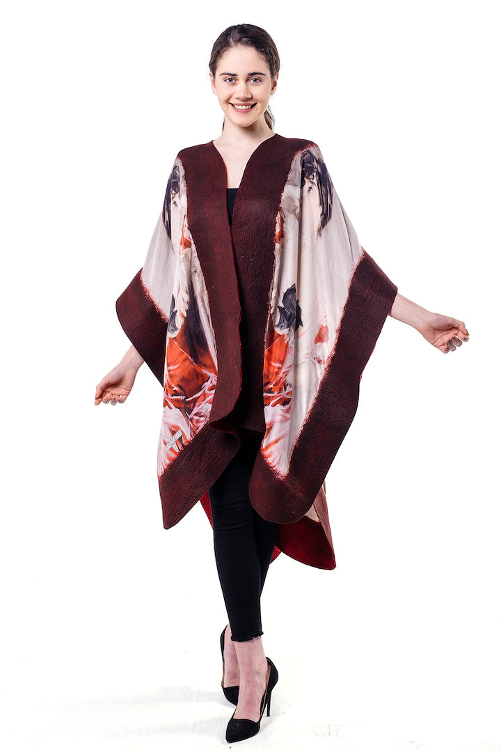 Poncho Mulberry Silk & Merino Handmade Felt -  Burgundy | Miss Bell Boldini