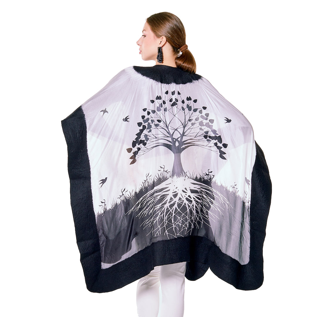 Poncho Mulberry Silk & Merino Handmade Felt - Black | Tree of Life