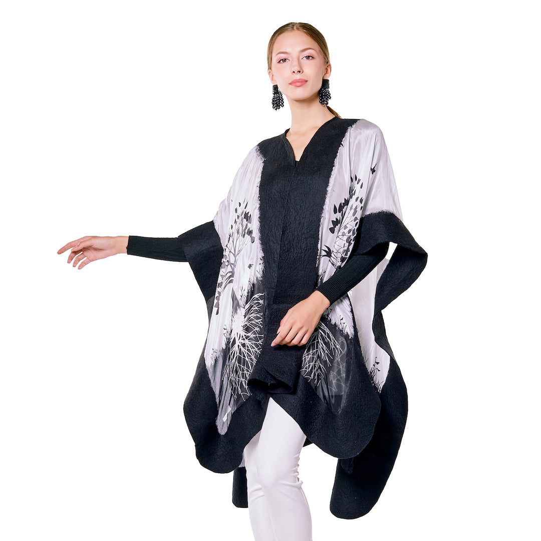 Poncho Mulberry Silk & Merino Handmade Felt - Black | Tree of Life