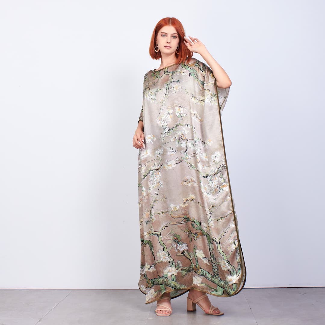 Long Mulberry Pure Silk Dress - Van Gohg Sepia Almond Blossom