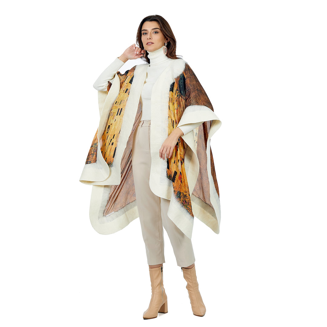 Poncho Mulberry Silk & Merino Handmade Felt - White | Klimt The Kiss